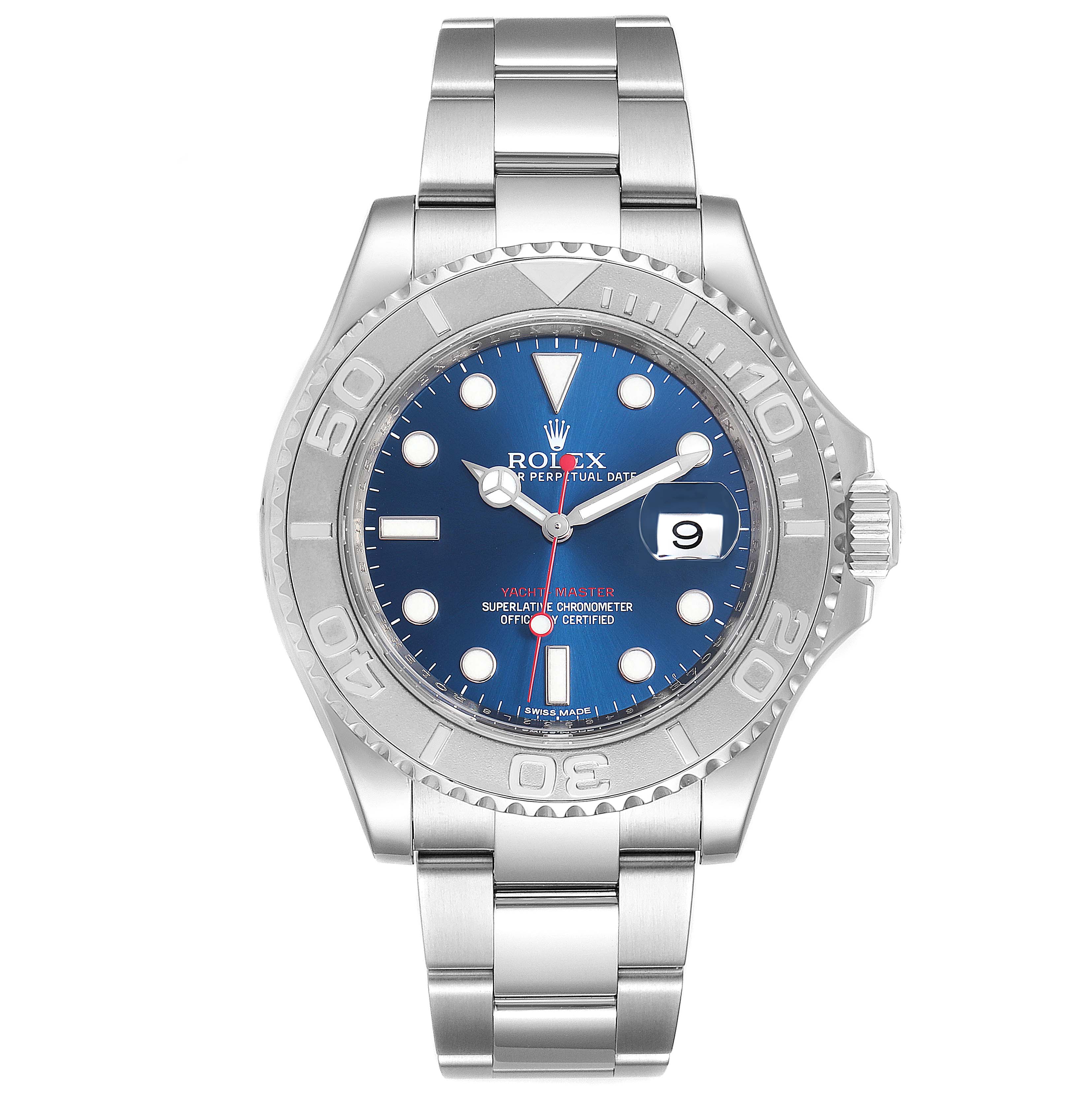 The image shows a Rolex Yacht-Master 116622 Men
s Stainless Steel Blue Dial 116622 Men
s Stainless Steel Blue Dial watch from a front angle, displaying its dial, bezel, and bracelet.