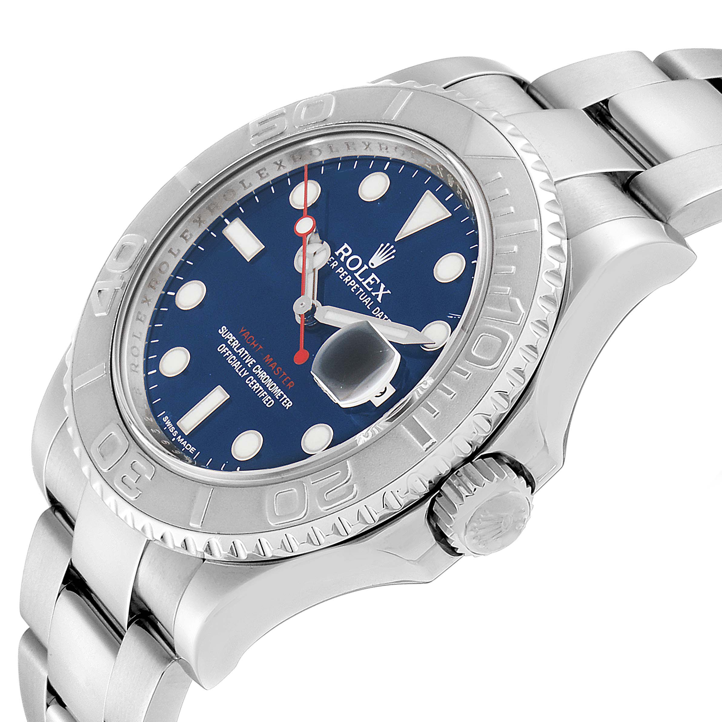 The Rolex Yacht-Master 116622 Men
s Stainless Steel Blue Dial 116622 Men
s Stainless Steel Blue Dial watch is shown at an angle highlighting the blue dial, bezel, crown, and part of the bracelet.