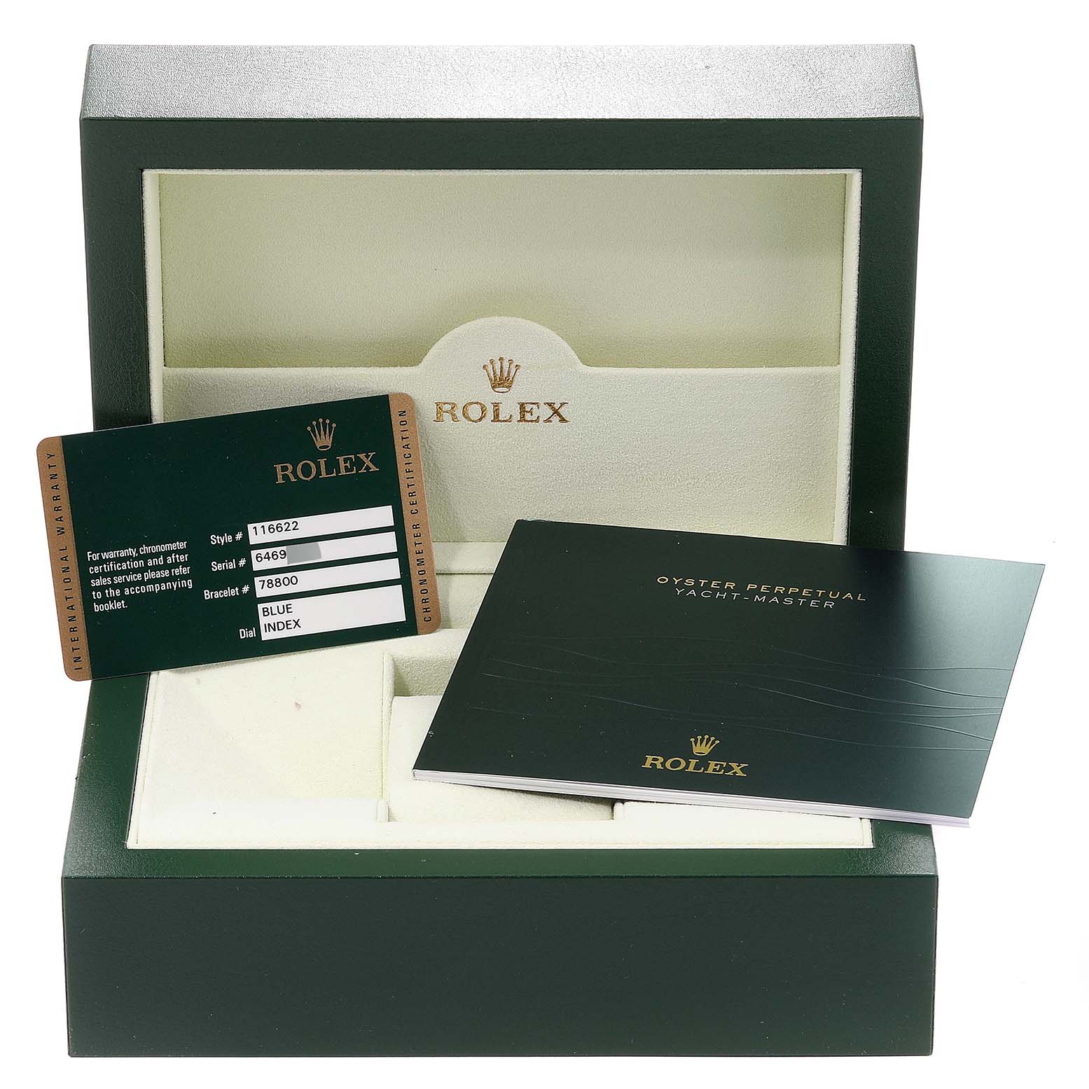 This image shows the interior of the box for a Rolex Yacht-Master 116622 Men
s Stainless Steel Blue Dial 116622 Men
s Stainless Steel Blue Dial watch with documents and warranty cards.