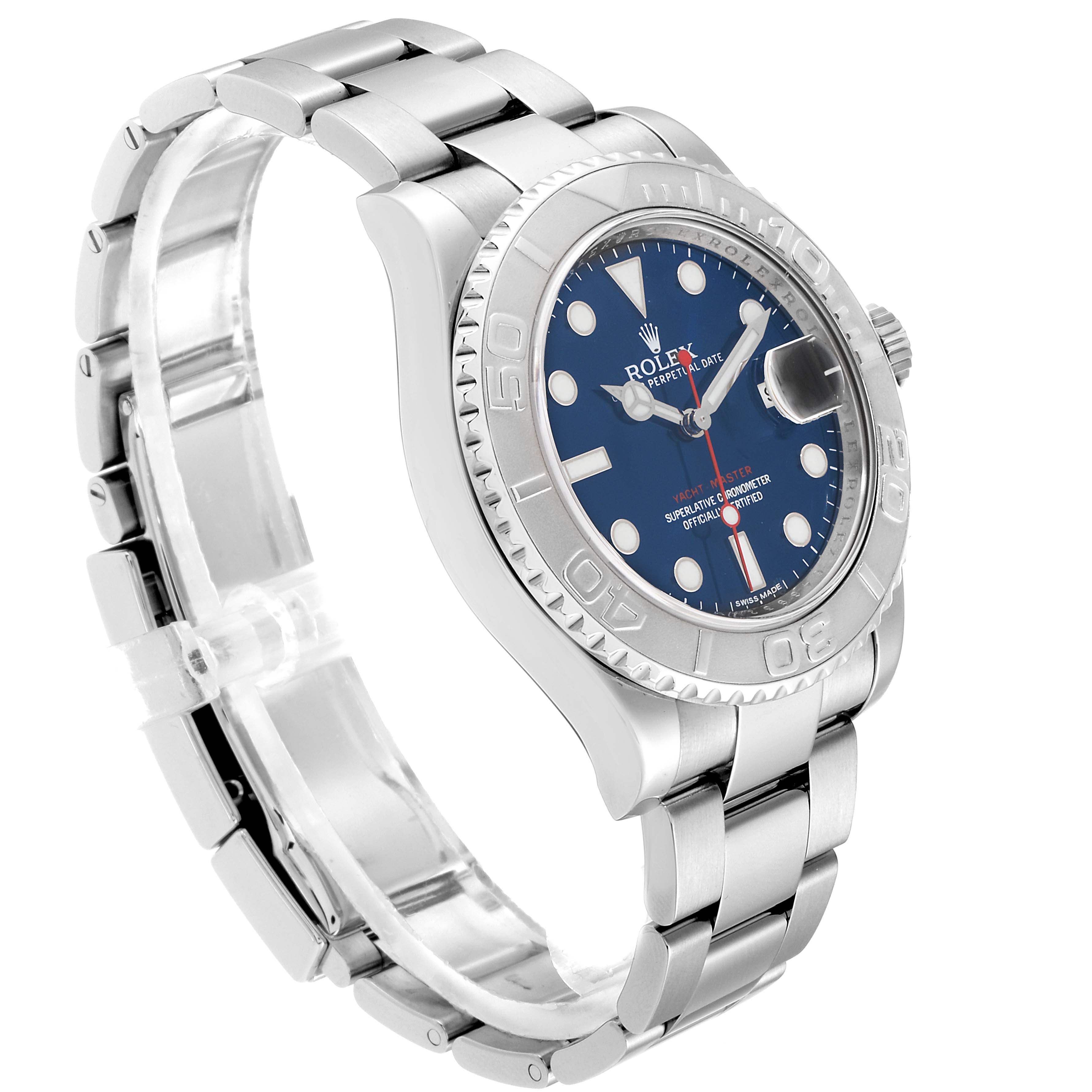 The image shows a side view of a Rolex Yacht-Master 116622 Men
s Stainless Steel Blue Dial 116622 Men
s Stainless Steel Blue Dial watch, highlighting the bracelet, case, bezel, and dial.