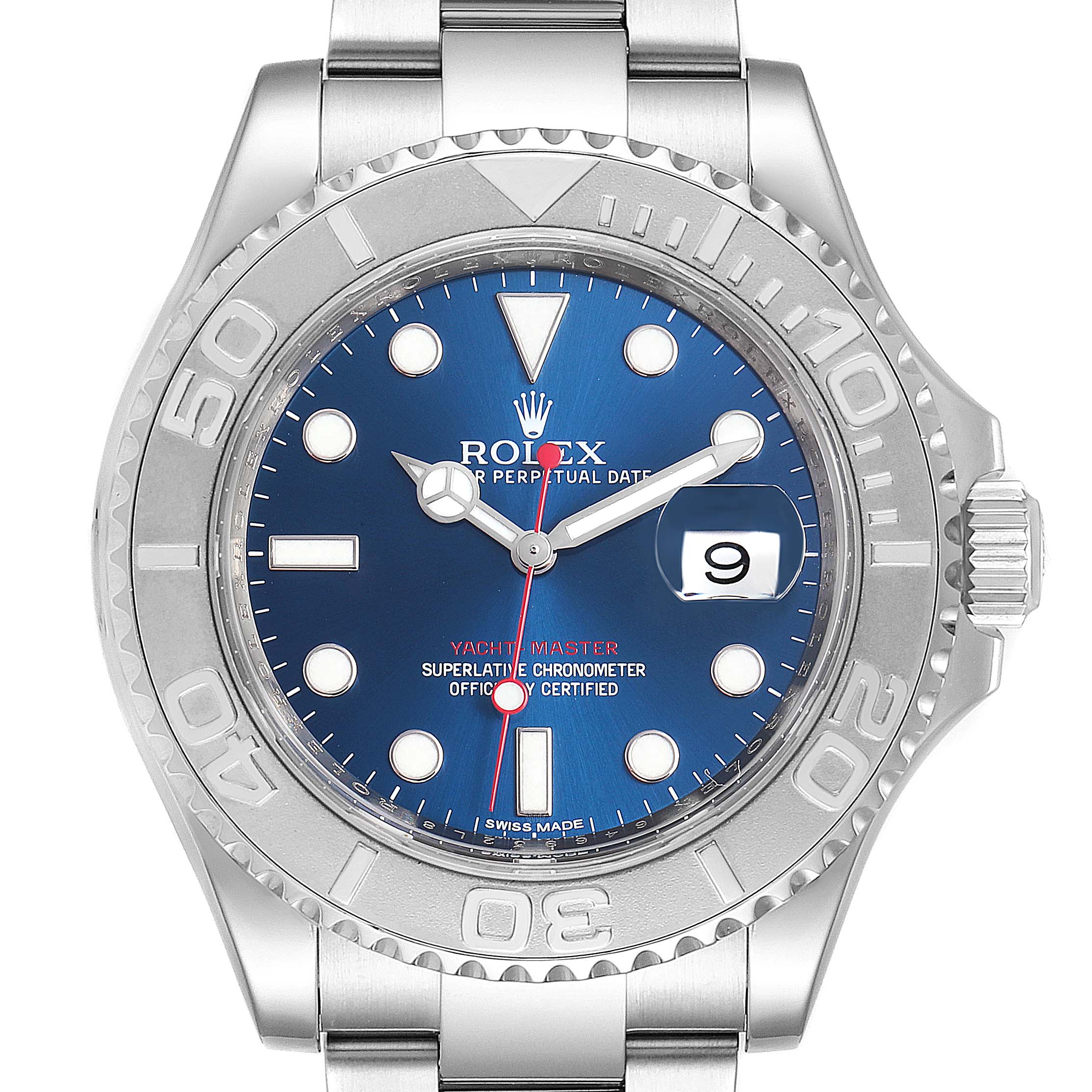 The image shows a front view of the Rolex Yacht-Master 116622 Men
s Stainless Steel Blue Dial 116622 Men
s Stainless Steel Blue Dial watch, highlighting the bezel, dial, hands, and bracelet.