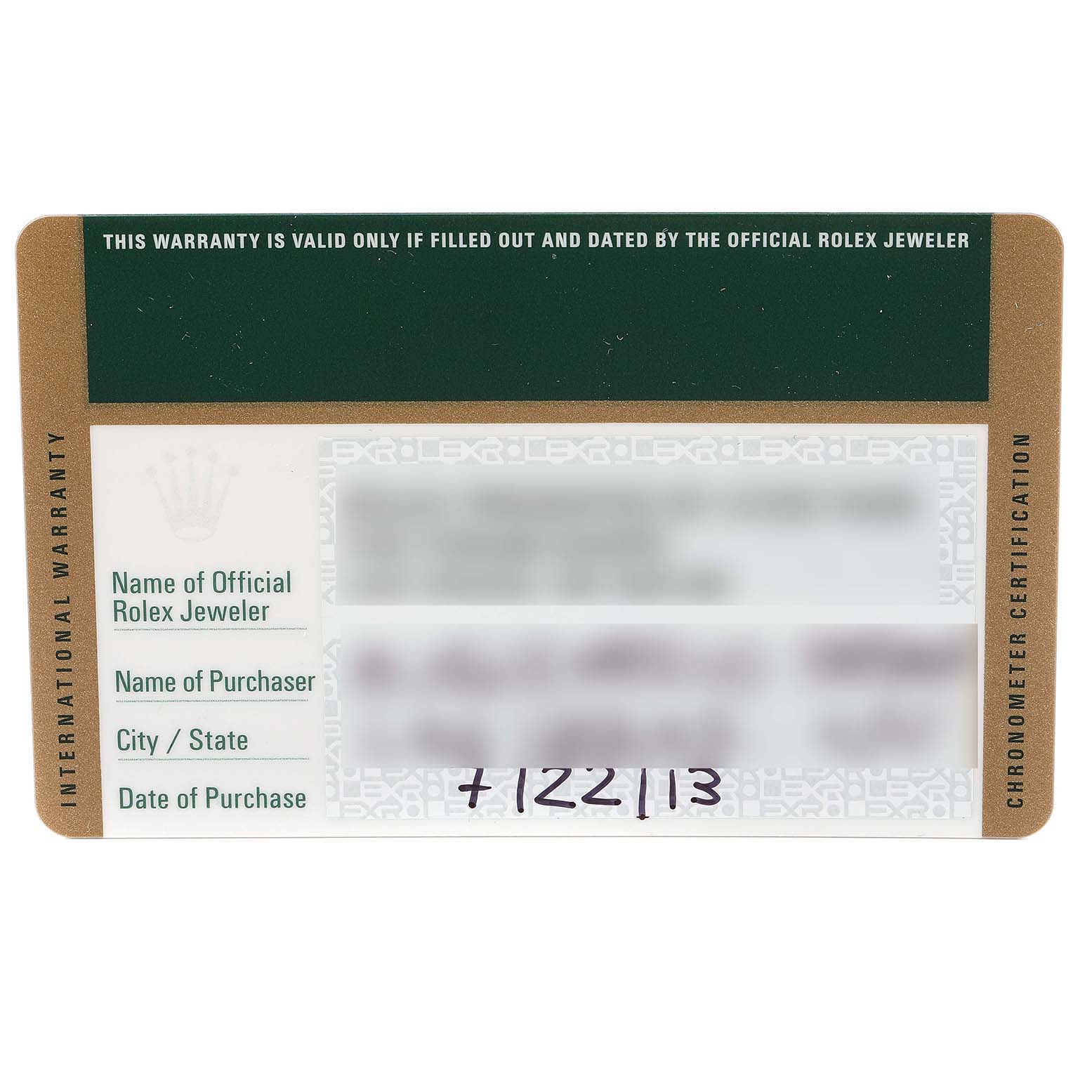 This image shows the warranty card for a Rolex Yacht-Master 116622 Men
s Stainless Steel Blue Dial 116622 Men
s Stainless Steel Blue Dial watch, providing details of purchase and certification.