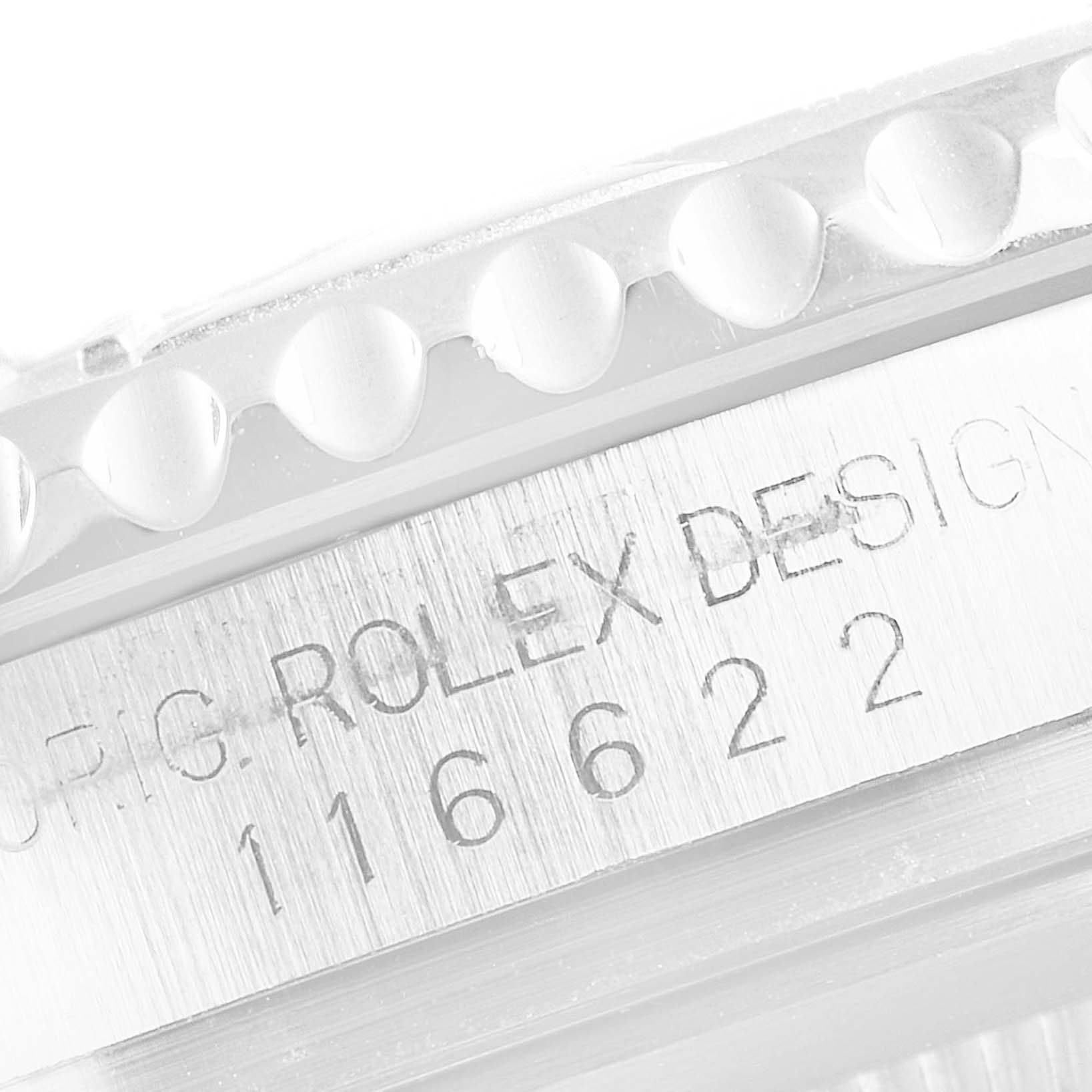 This image shows a close-up of the bezel and serial engraving on a Rolex Yacht-Master 116622 Men
s Stainless Steel Blue Dial 116622 Men
s Stainless Steel Blue Dial watch.