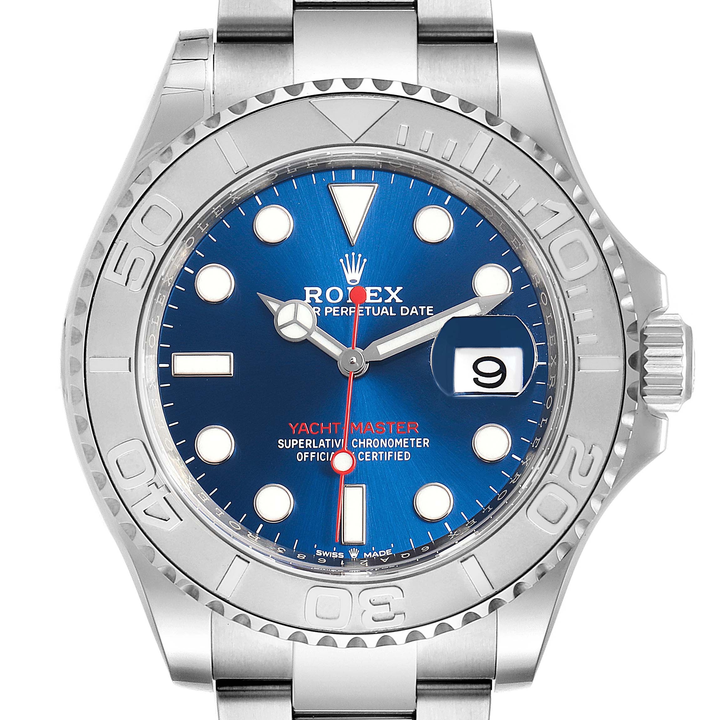 The Rolex Yacht-Master 126622 Men's Stainless Steel Blue Dial 126622 Men's Stainless Steel Blue Dial is shown from a front angle, highlighting its dial, bezel, and bracelet.