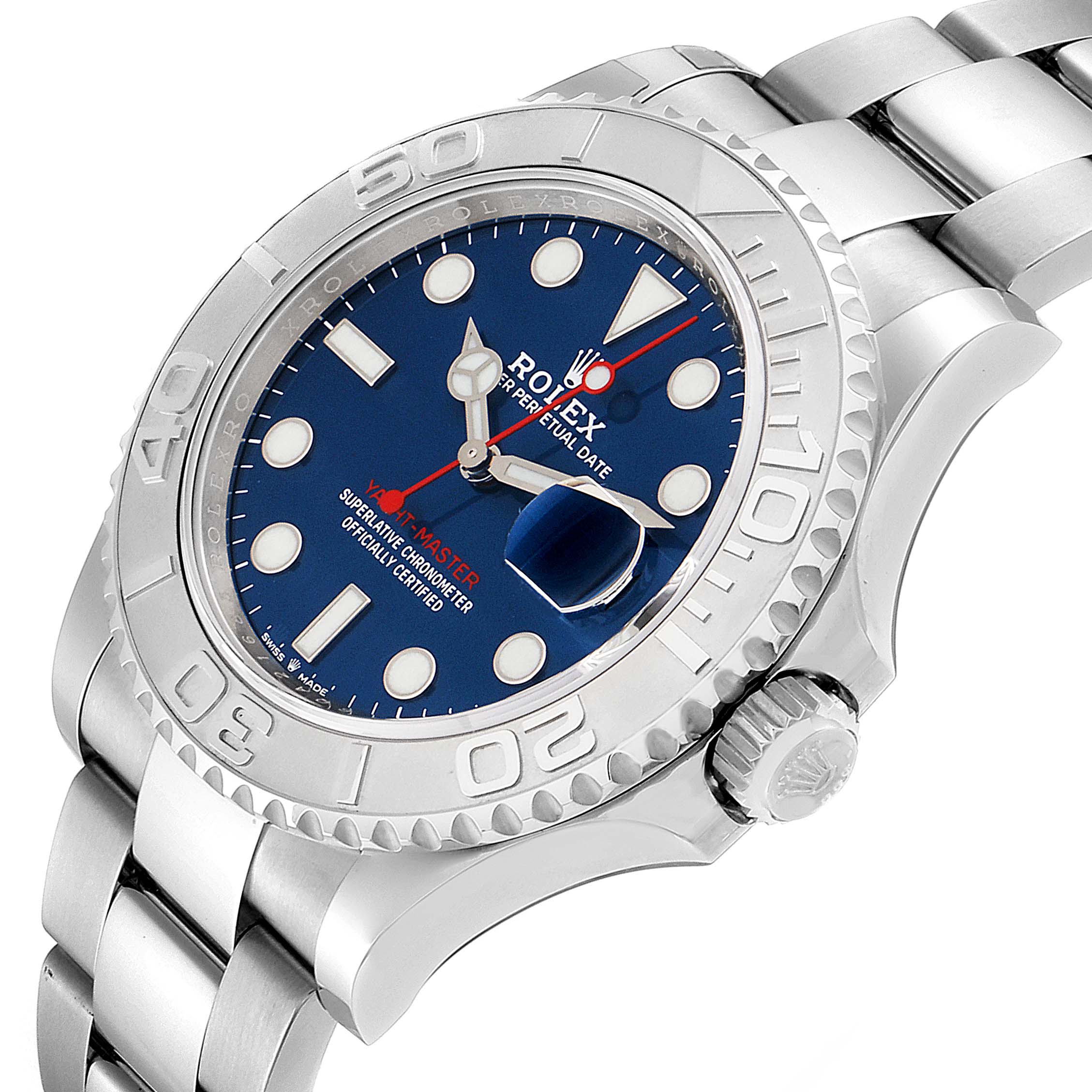 This Rolex Yacht-Master 126622 Men's Stainless Steel Blue Dial 126622 Men's Stainless Steel Blue Dial watch is shown at a slight angle from the front, displaying the dial, bezel, crown, and part of the bracelet.