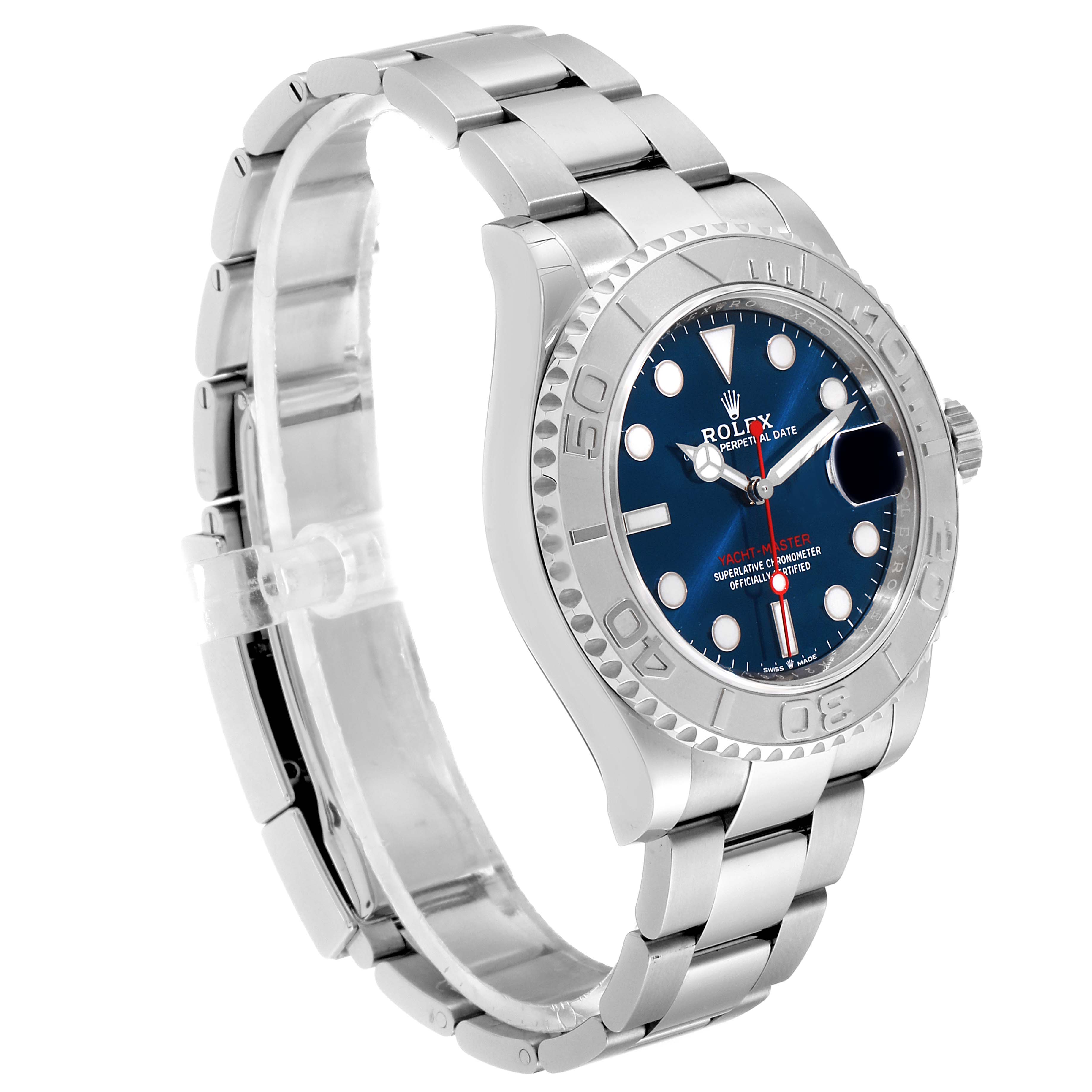 The image displays a side angle of the Rolex Yacht-Master 126622 Men's Stainless Steel Blue Dial 126622 Men's Stainless Steel Blue Dial watch, showing its blue dial, bezel, and metal bracelet.