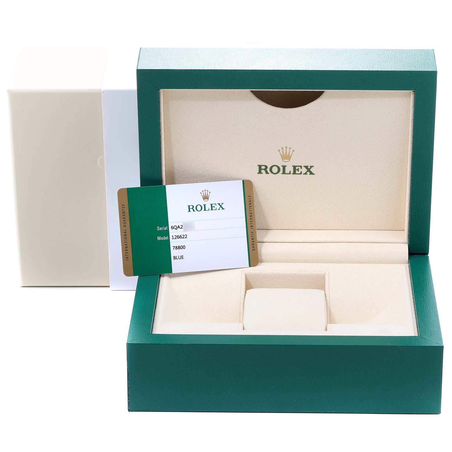 The image shows an open Rolex Yacht-Master 126622 Men's Stainless Steel Blue Dial 126622 Men's Stainless Steel Blue Dial box with an authenticity card displayed inside.