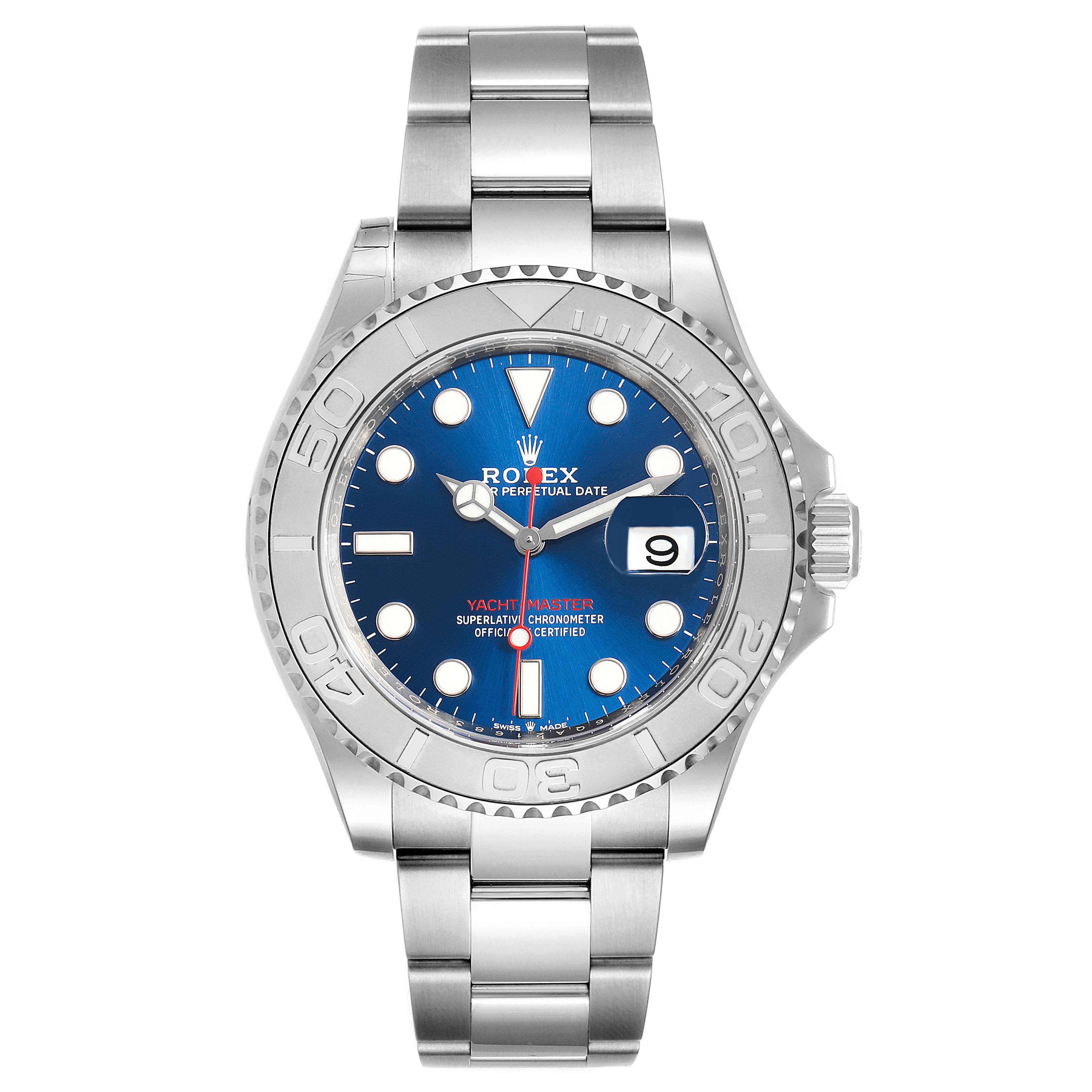 This image shows a front view of a Rolex Yacht-Master 126622 Men's Stainless Steel Blue Dial 126622 Men's Stainless Steel Blue Dial watch, highlighting its blue dial, bezel, and stainless steel bracelet.
