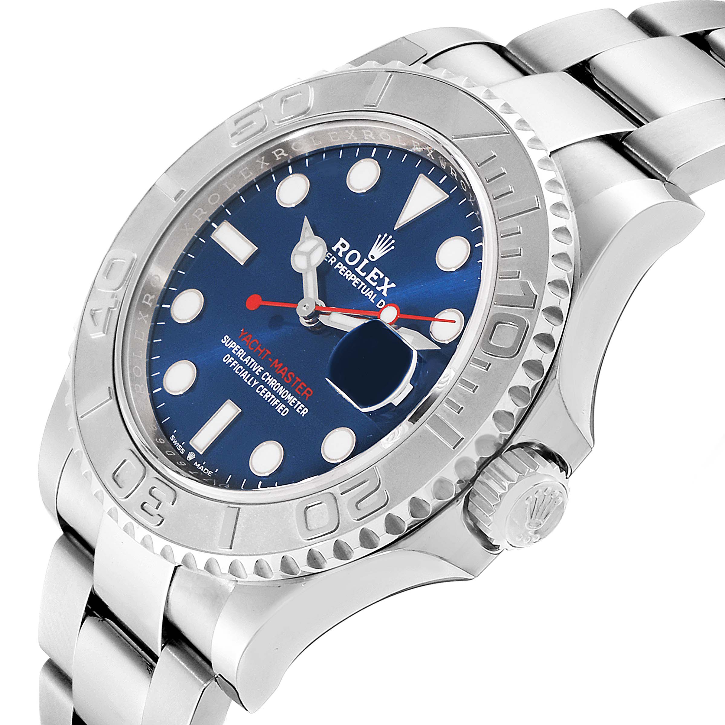The Rolex Yacht-Master 126622 Men's Stainless Steel Blue Dial 126622 Men's Stainless Steel Blue Dial watch is shown from an angled view, highlighting the blue dial, bezel, crown, and part of the bracelet.