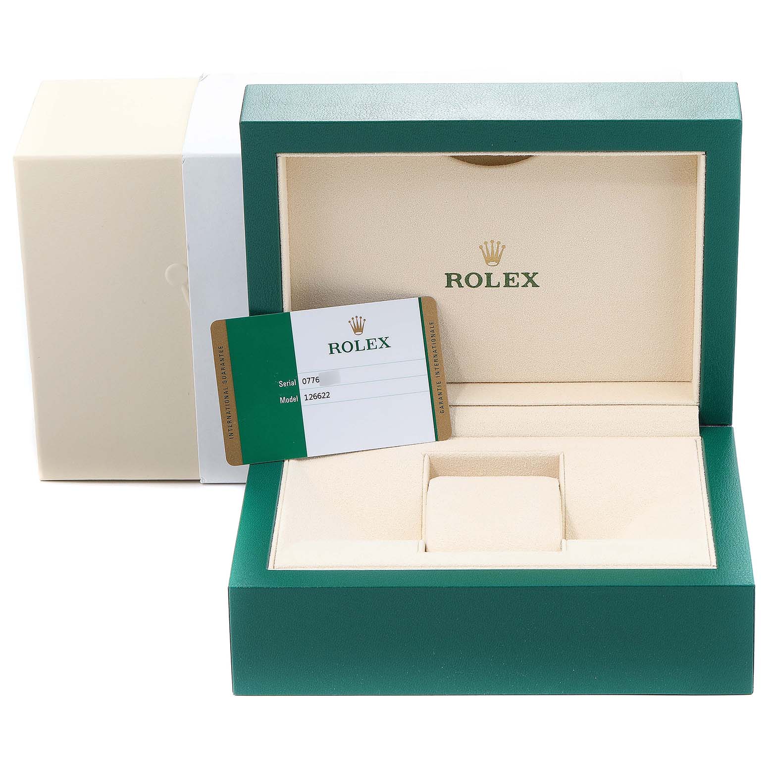 This image shows the box and authenticity card for a Rolex Yacht-Master 126622 Men's Stainless Steel Blue Dial 126622 Men's Stainless Steel Blue Dial model, with the box open and empty.