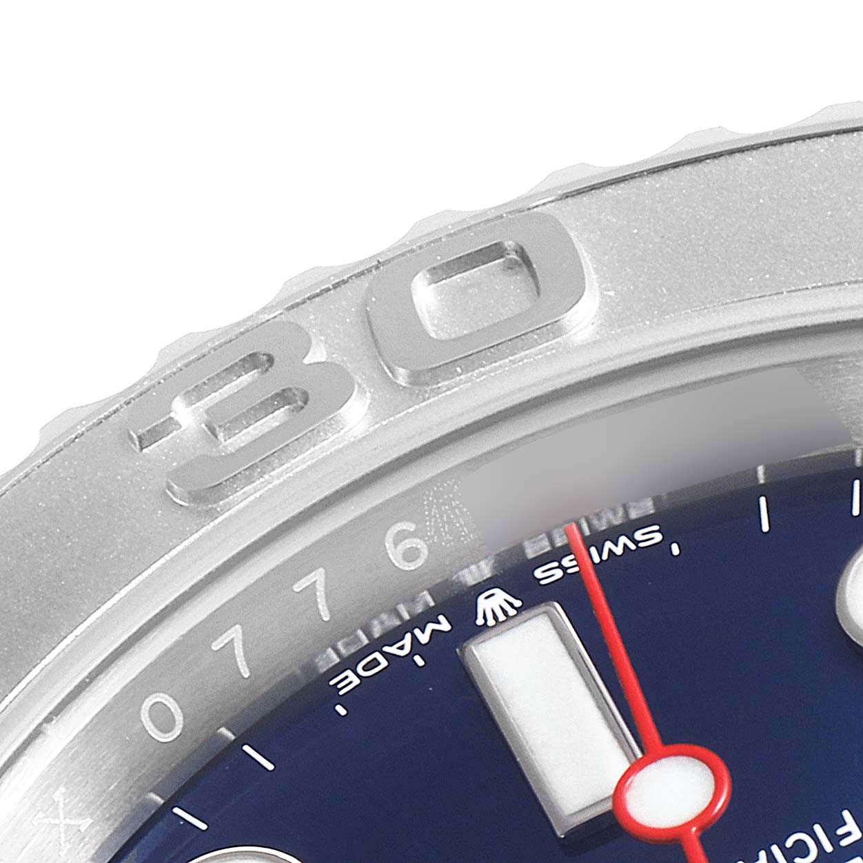 This close-up angle of the Rolex Yacht-Master 126622 Men's Stainless Steel Blue Dial 126622 Men's Stainless Steel Blue Dial watch shows the bezel, part of the dial, and hour markers.