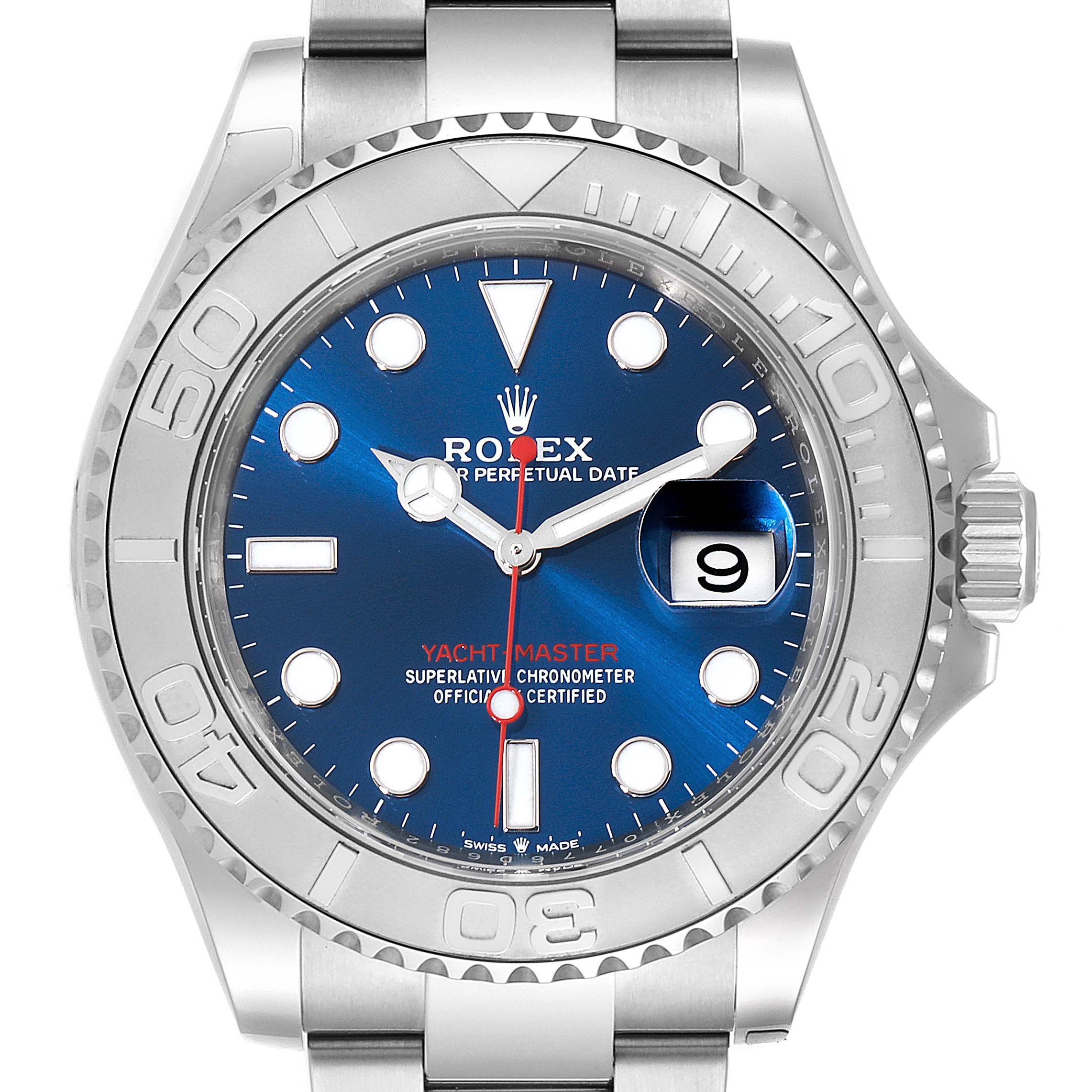 The image shows a front view of the Rolex Yacht-Master 126622 Men's Stainless Steel Blue Dial 126622 Men's Stainless Steel Blue Dial watch, highlighting its blue dial, bezel, and bracelet.