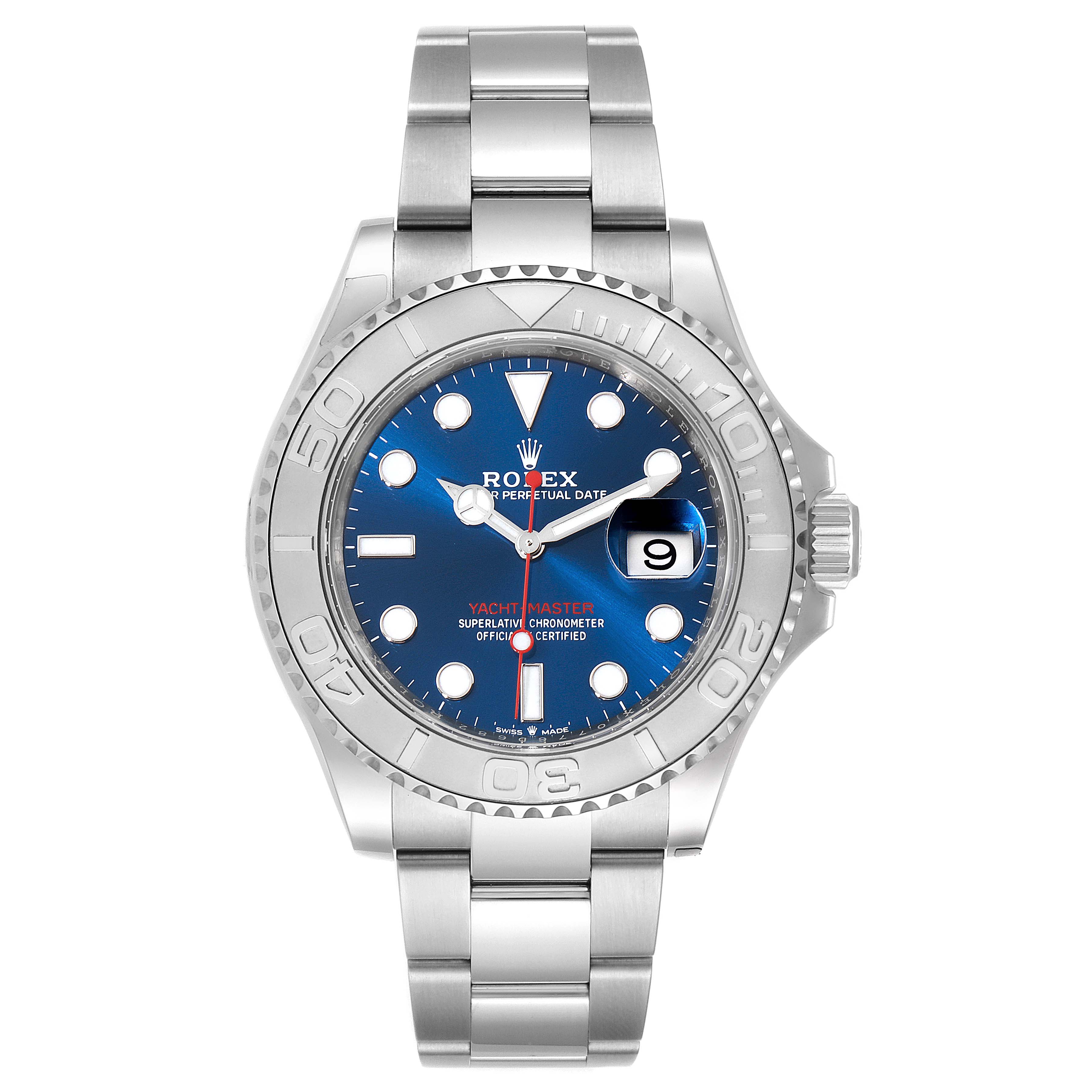 The image shows a frontal view of a Rolex Yacht-Master 126622 Men's Stainless Steel Blue Dial 126622 Men's Stainless Steel Blue Dial, highlighting the dial, bezel, and bracelet.