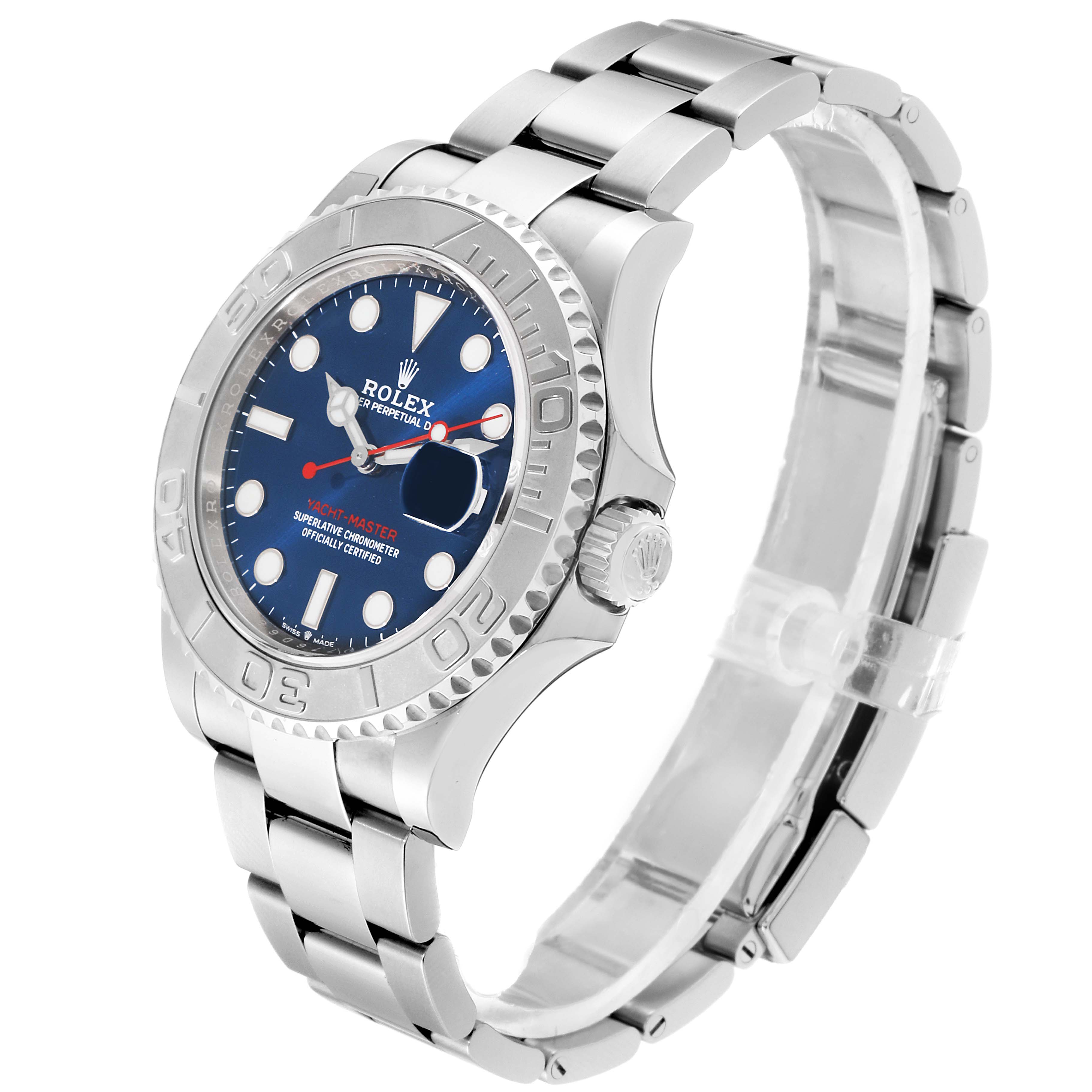 The Rolex Yacht-Master 126622 Men's Stainless Steel Blue Dial 126622 Men's Stainless Steel Blue Dial watch is shown at a slight angle, displaying the face, bezel, crown, and bracelet.