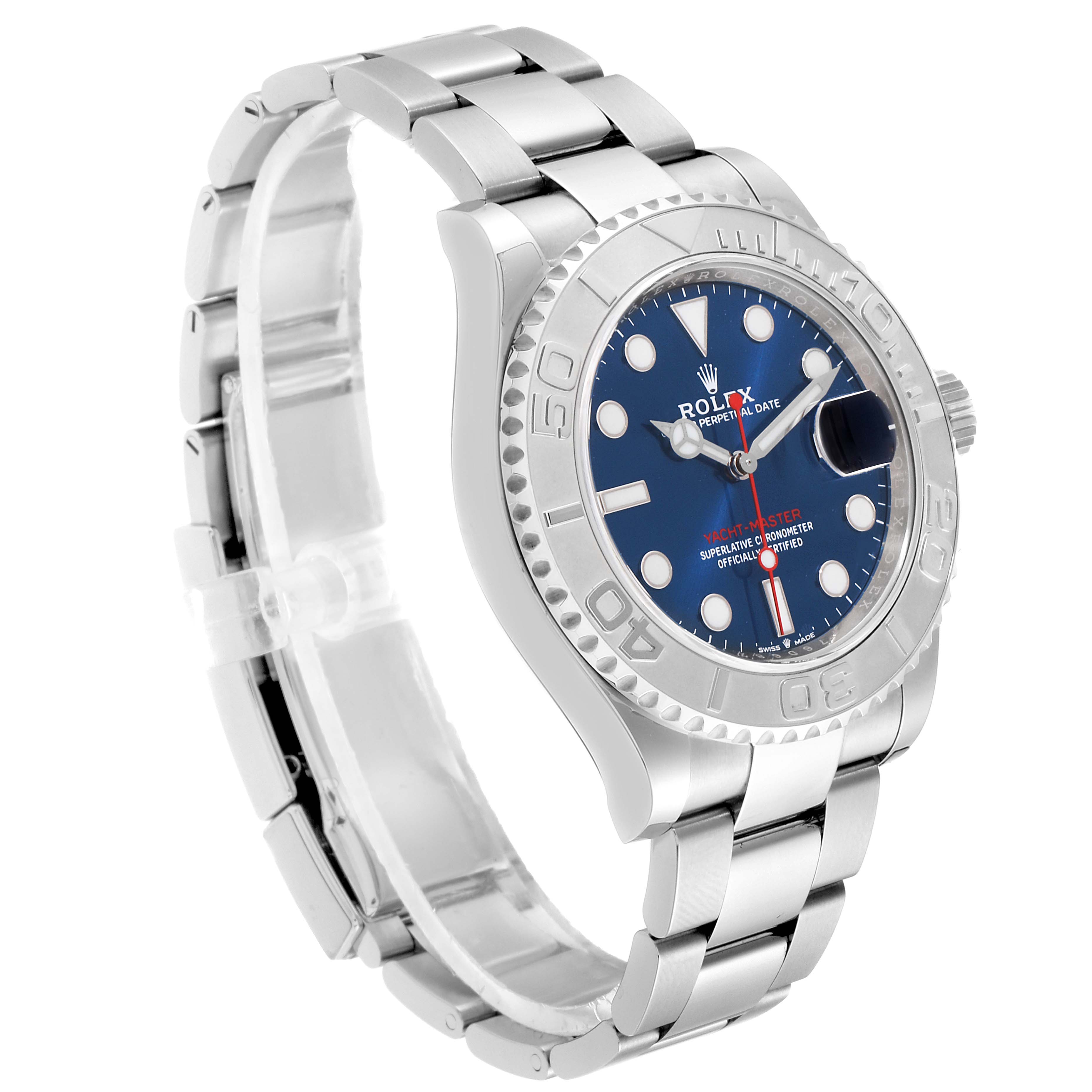 The image shows a Rolex Yacht-Master 126622 Men's Stainless Steel Blue Dial 126622 Men's Stainless Steel Blue Dial watch viewed from a three-quarter angle, highlighting the bezel, dial, and bracelet.