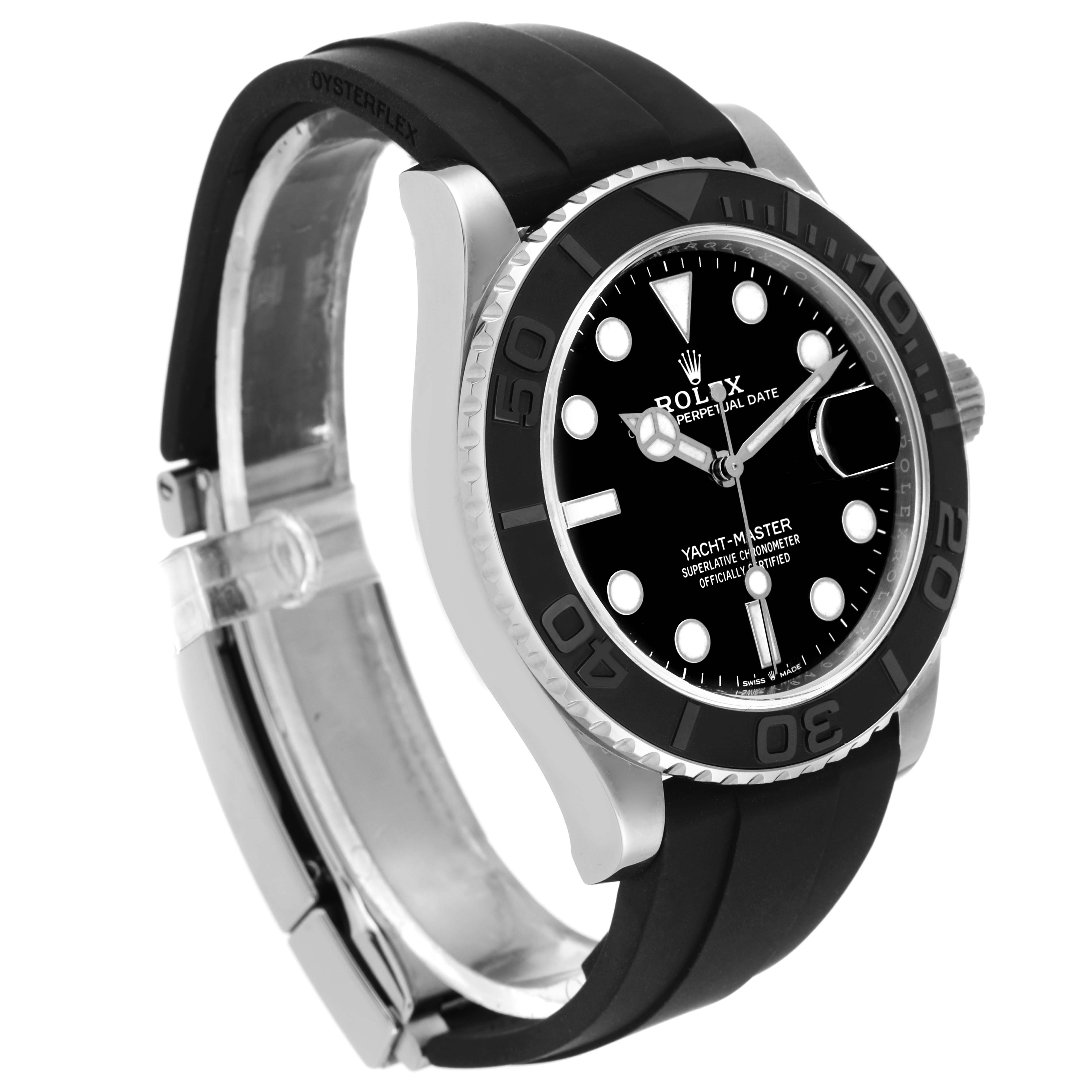 The Rolex Yacht-Master 226659 Men's White Gold Black Dial 226659 Men's White Gold Black Dial watch is shown at a side angle, displaying the black dial, bezel, and Oysterflex strap.