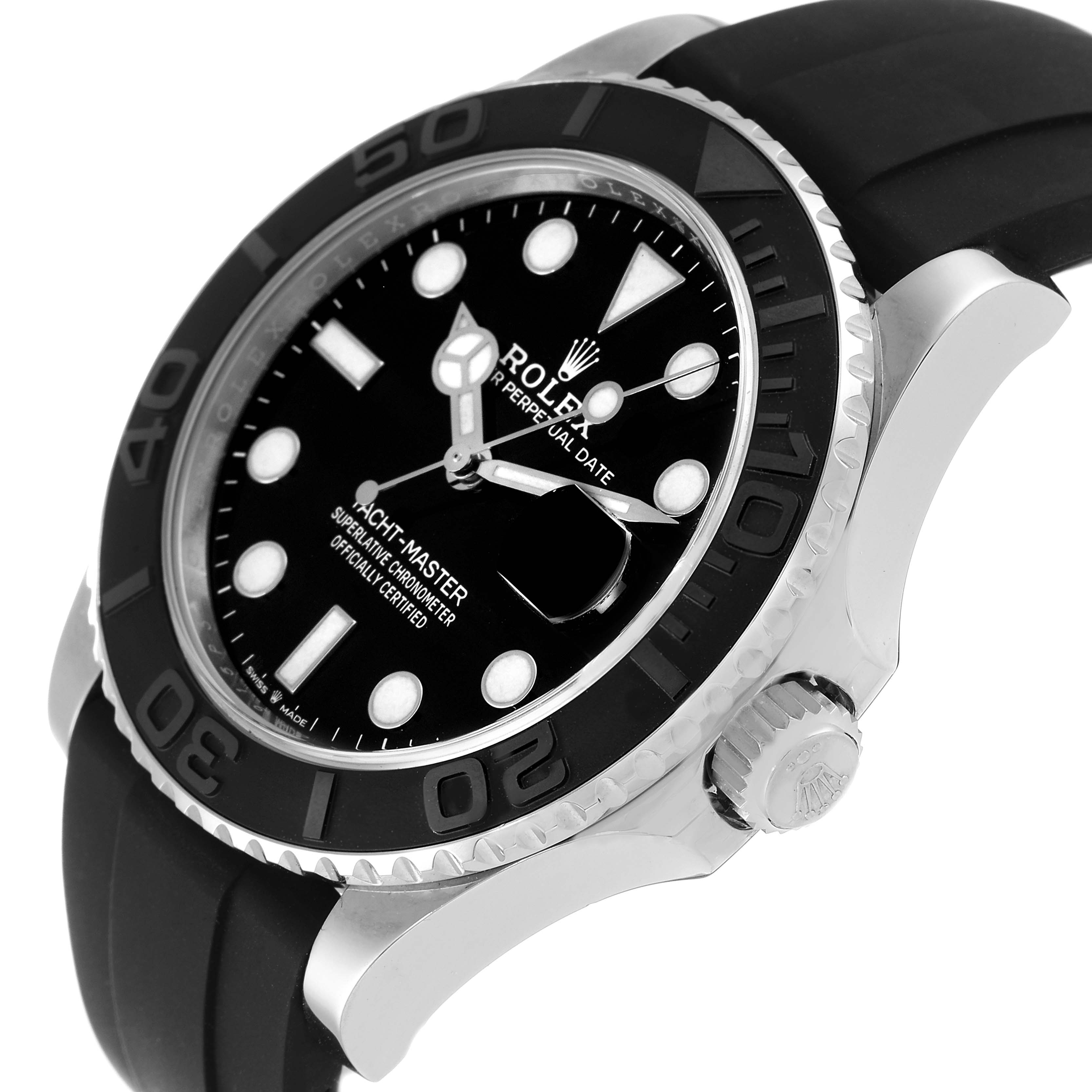 The image shows a side angle view of the Rolex Yacht-Master 226659 Men's White Gold Black Dial 226659 Men's White Gold Black Dial watch, showcasing its dial, bezel, and crown.