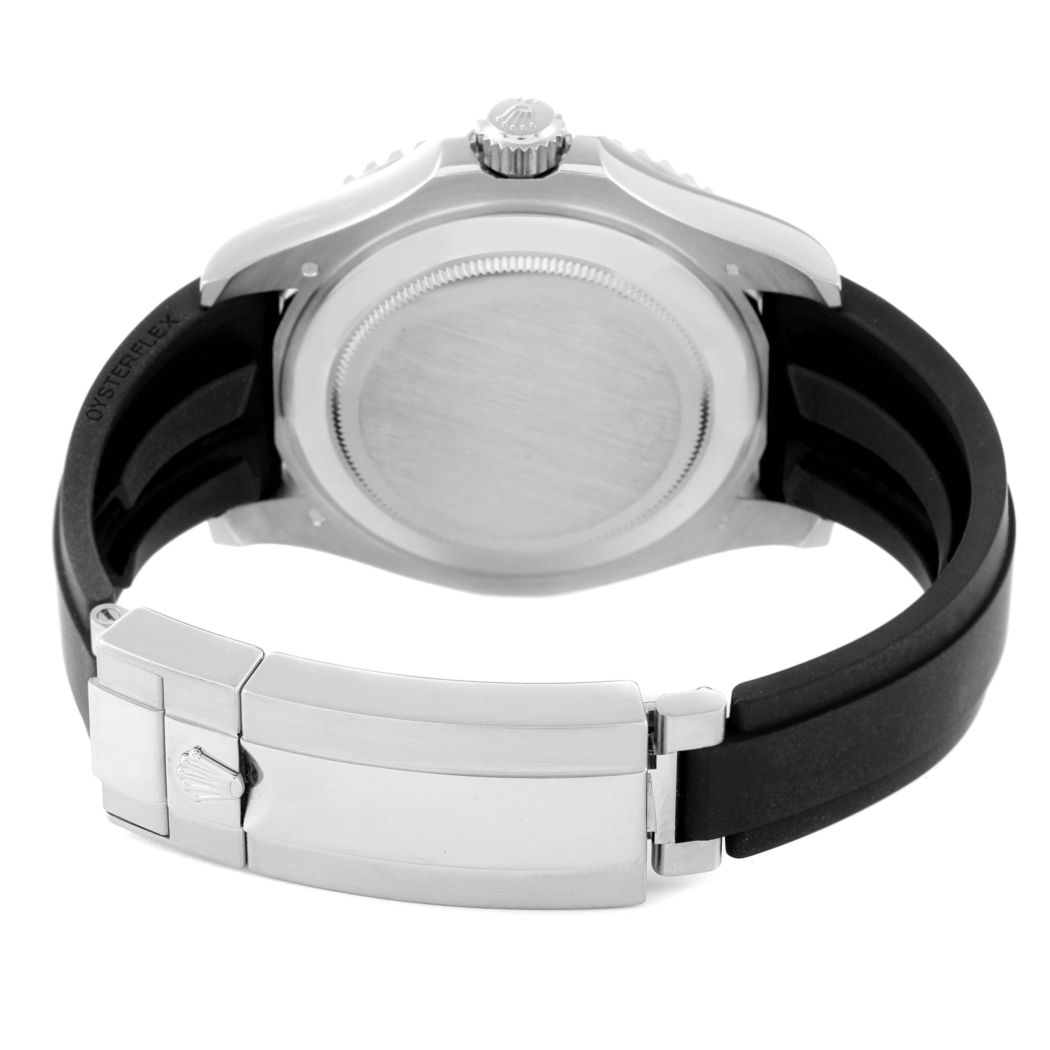 The image shows the back case, crown, and clasp of a Rolex Yacht-Master 226659 Men's White Gold Black Dial 226659 Men's White Gold Black Dial watch with a black strap.