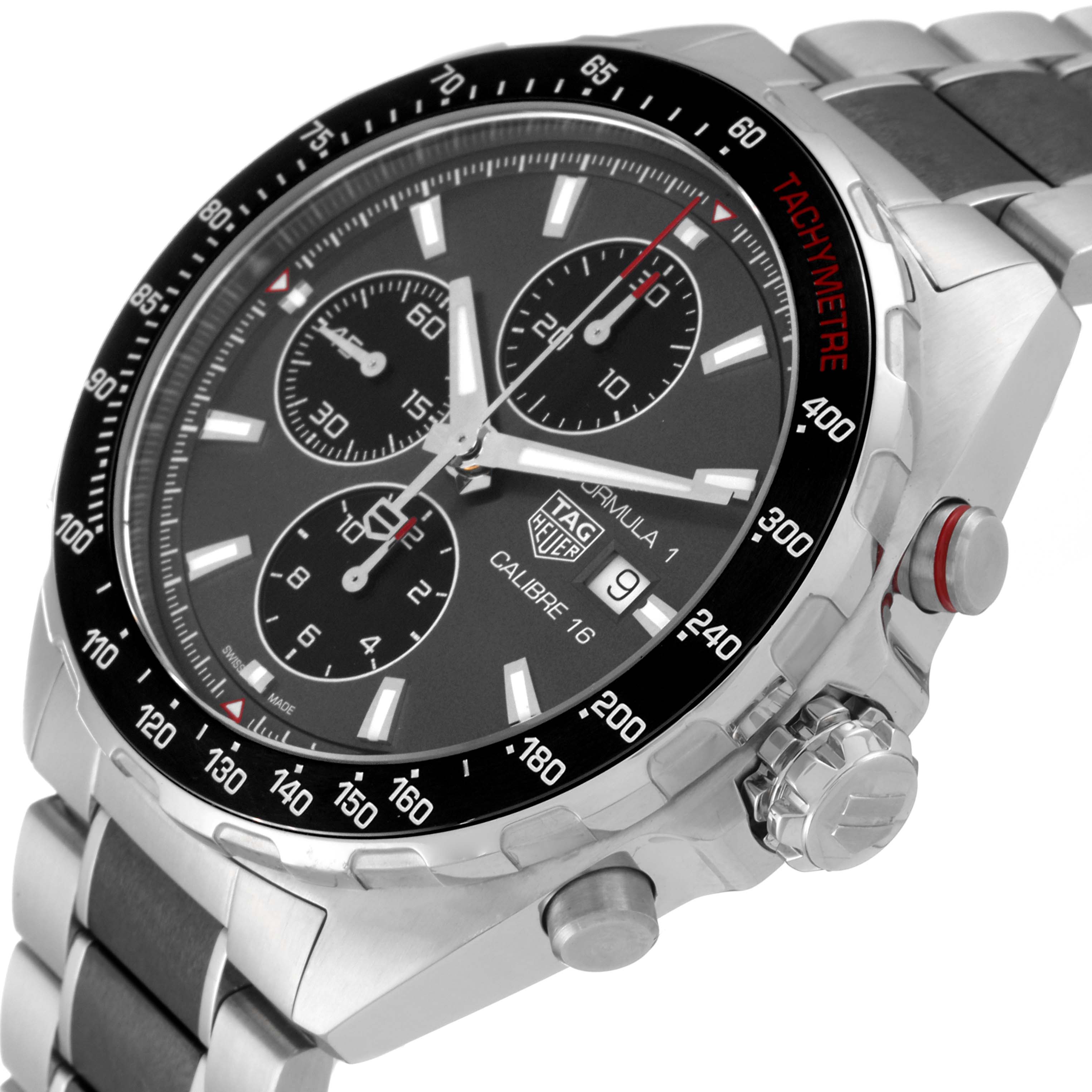 The image shows a close-up of the Tag Heuer Formula 1 CAZ2012.BA0876 Men's Stainless Steel Grey Dial CAZ2012.BA0876 Men's Stainless Steel Grey Dial watch at an angled view, displaying its face, bezel, and crown.