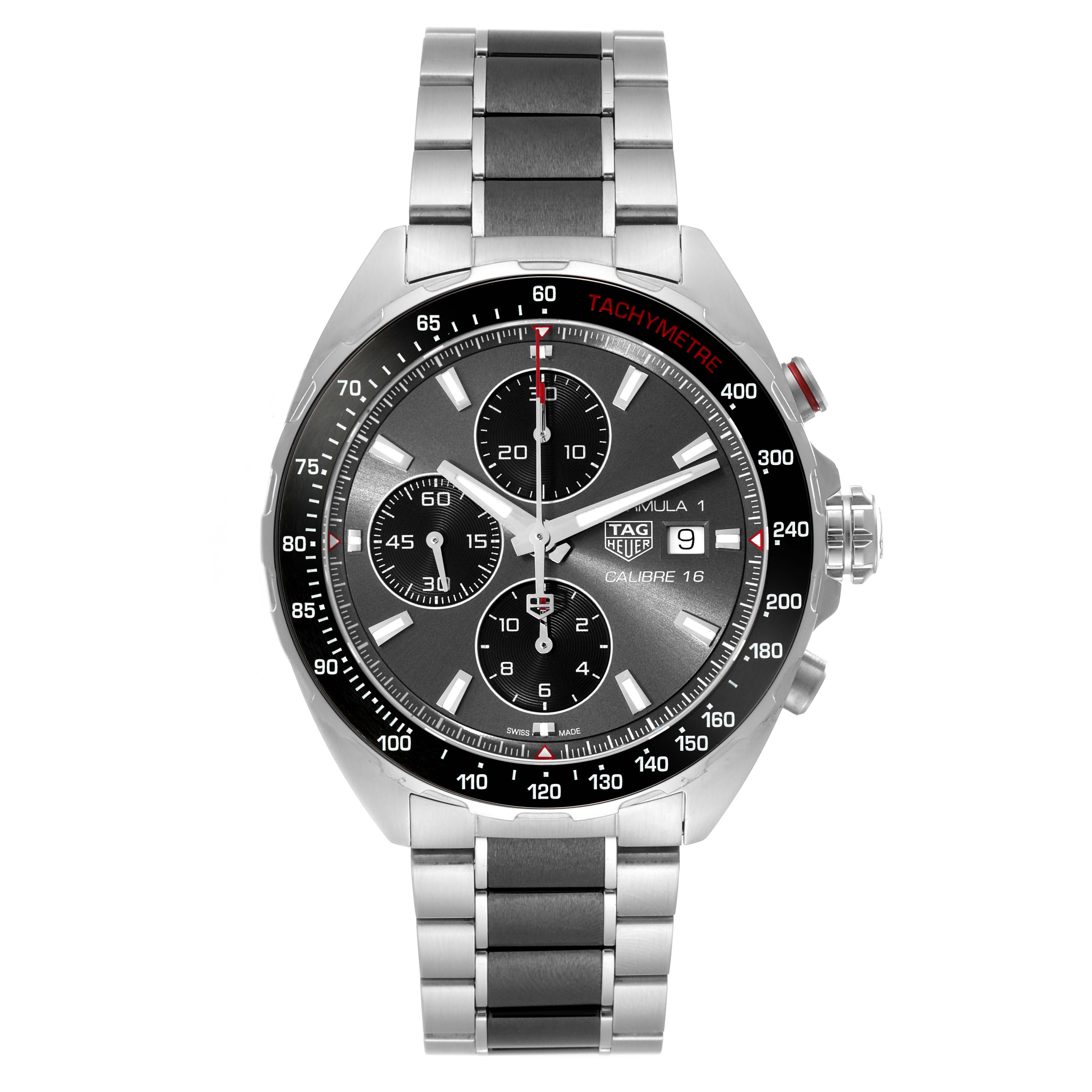 The image shows a front view of the Tag Heuer Formula 1 CAZ2012.BA0876 Men's Stainless Steel Grey Dial CAZ2012.BA0876 Men's Stainless Steel Grey Dial watch, displaying its dial, bezel, chronograph subdials, and bracelet.