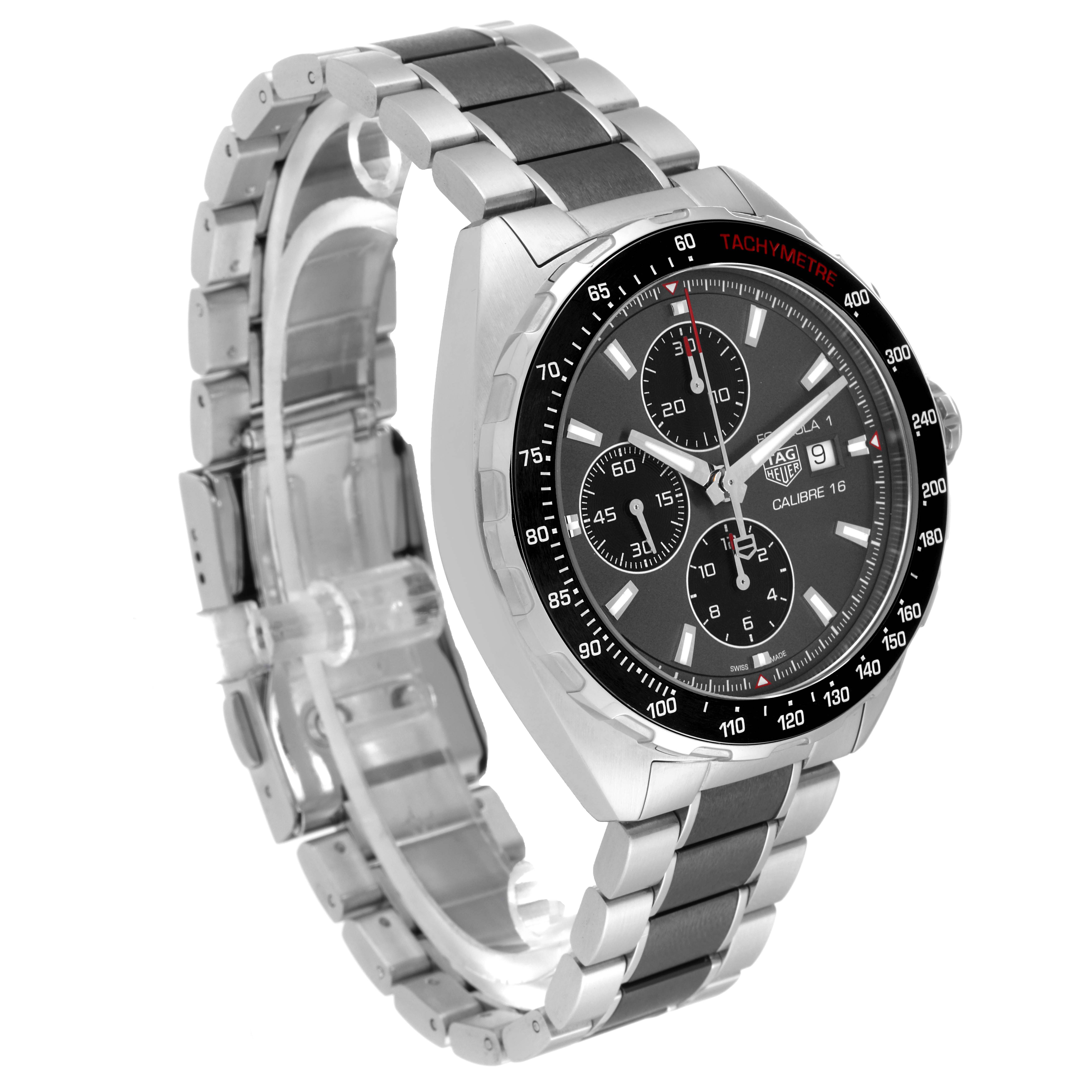 The image shows a Tag Heuer Formula 1 CAZ2012.BA0876 Men's Stainless Steel Grey Dial CAZ2012.BA0876 Men's Stainless Steel Grey Dial watch at a 45-degree angle, highlighting its face and steel bracelet.