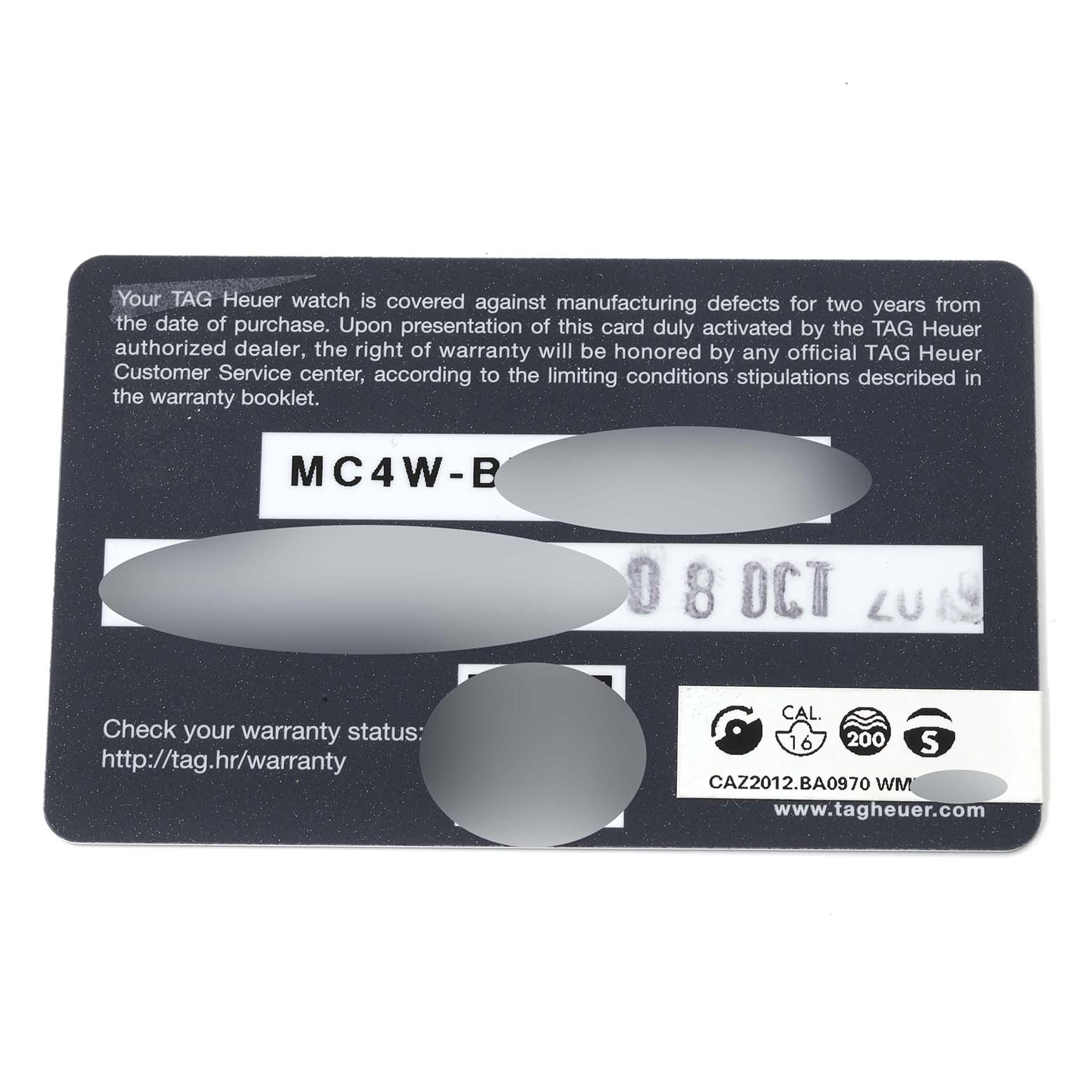 The image shows the warranty card for the Formula 1 model by Tag Heuer.