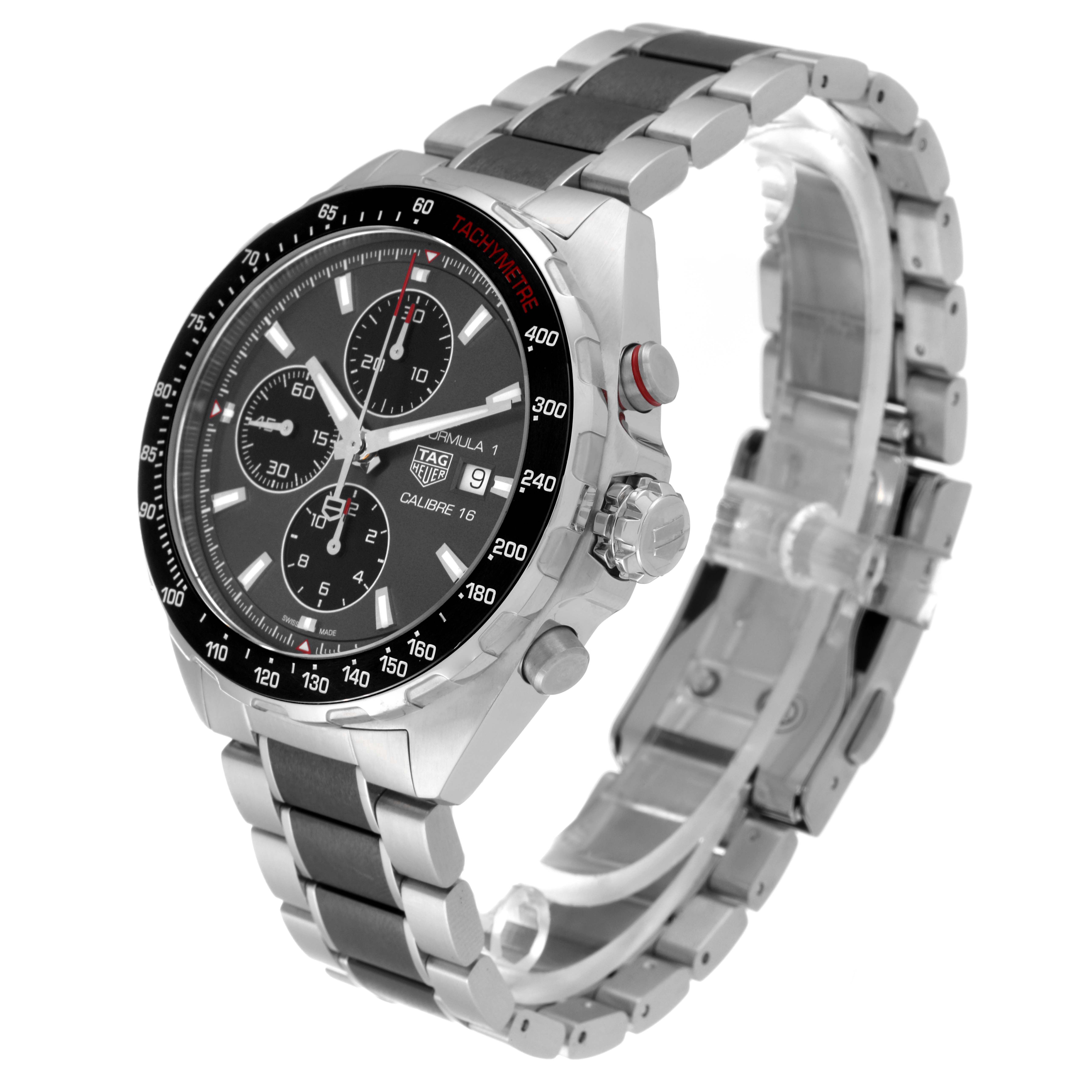 The image shows a Tag Heuer Formula 1 CAZ2012.BA0876 Men's Stainless Steel Grey Dial CAZ2012.BA0876 Men's Stainless Steel Grey Dial watch at a three-quarter angle, displaying its face, bezel, chronograph buttons, and bracelet.