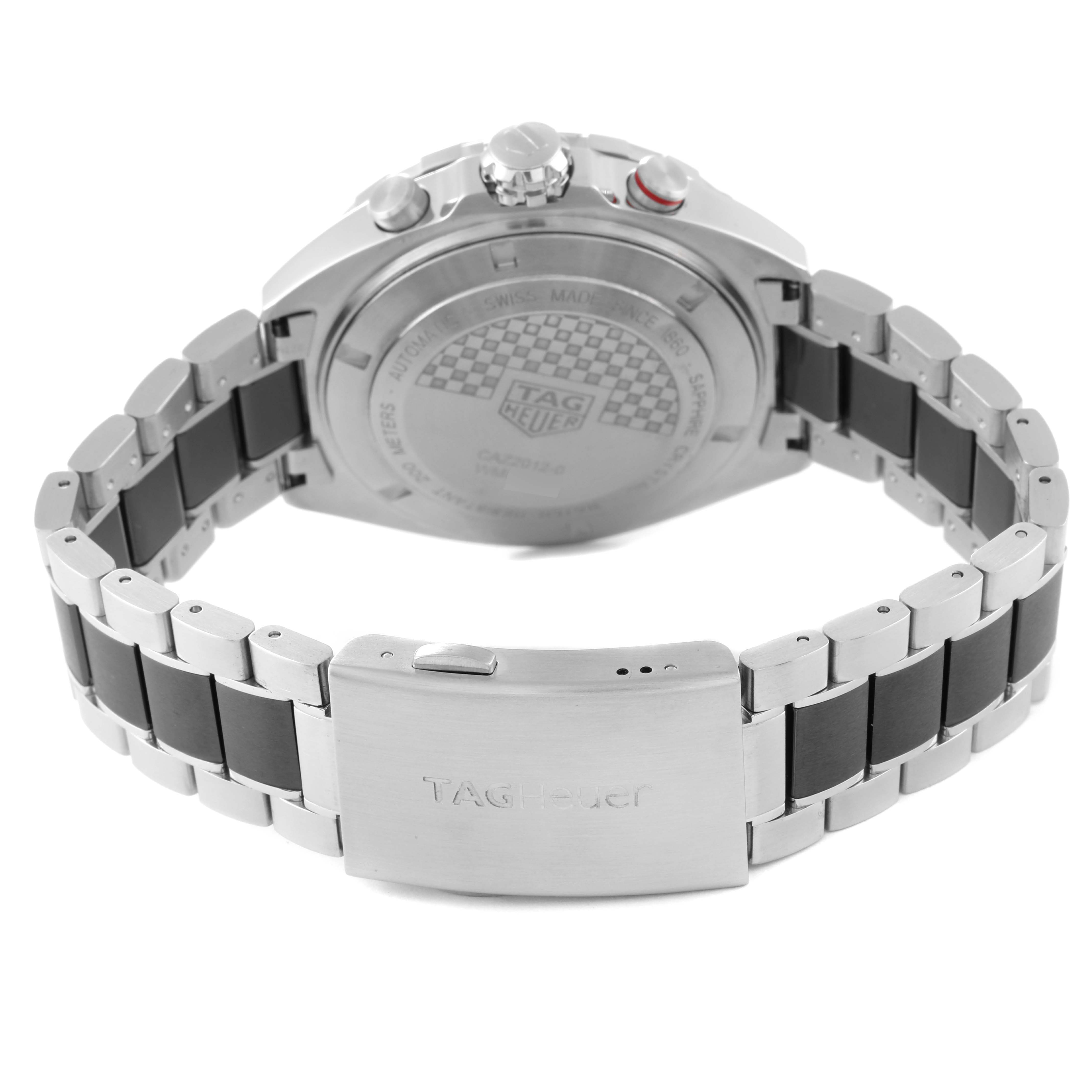 The image shows the back of a Tag Heuer Formula 1 CAZ2012.BA0876 Men's Stainless Steel Grey Dial CAZ2012.BA0876 Men's Stainless Steel Grey Dial model watch, displaying its case back, crown, pushers, and metal bracelet.