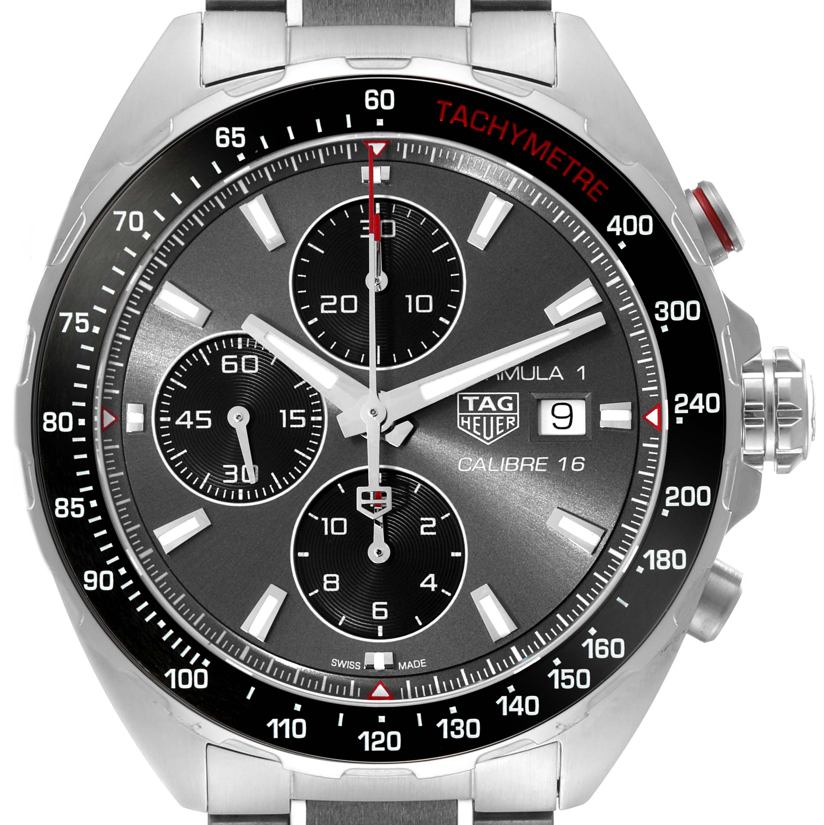 The image shows a frontal view of a Tag Heuer Formula 1 CAZ2012.BA0876 Men's Stainless Steel Grey Dial CAZ2012.BA0876 Men's Stainless Steel Grey Dial watch, highlighting its dials, tachymeter, and date display.