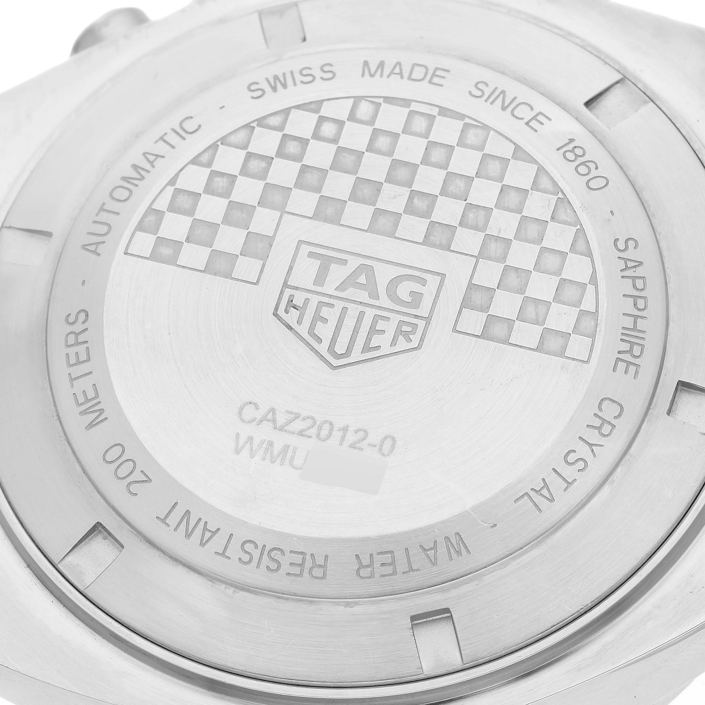 This image shows the back case of a Tag Heuer Formula 1 CAZ2012.BA0876 Men's Stainless Steel Grey Dial CAZ2012.BA0876 Men's Stainless Steel Grey Dial watch, highlighting its engravings and branding details.
