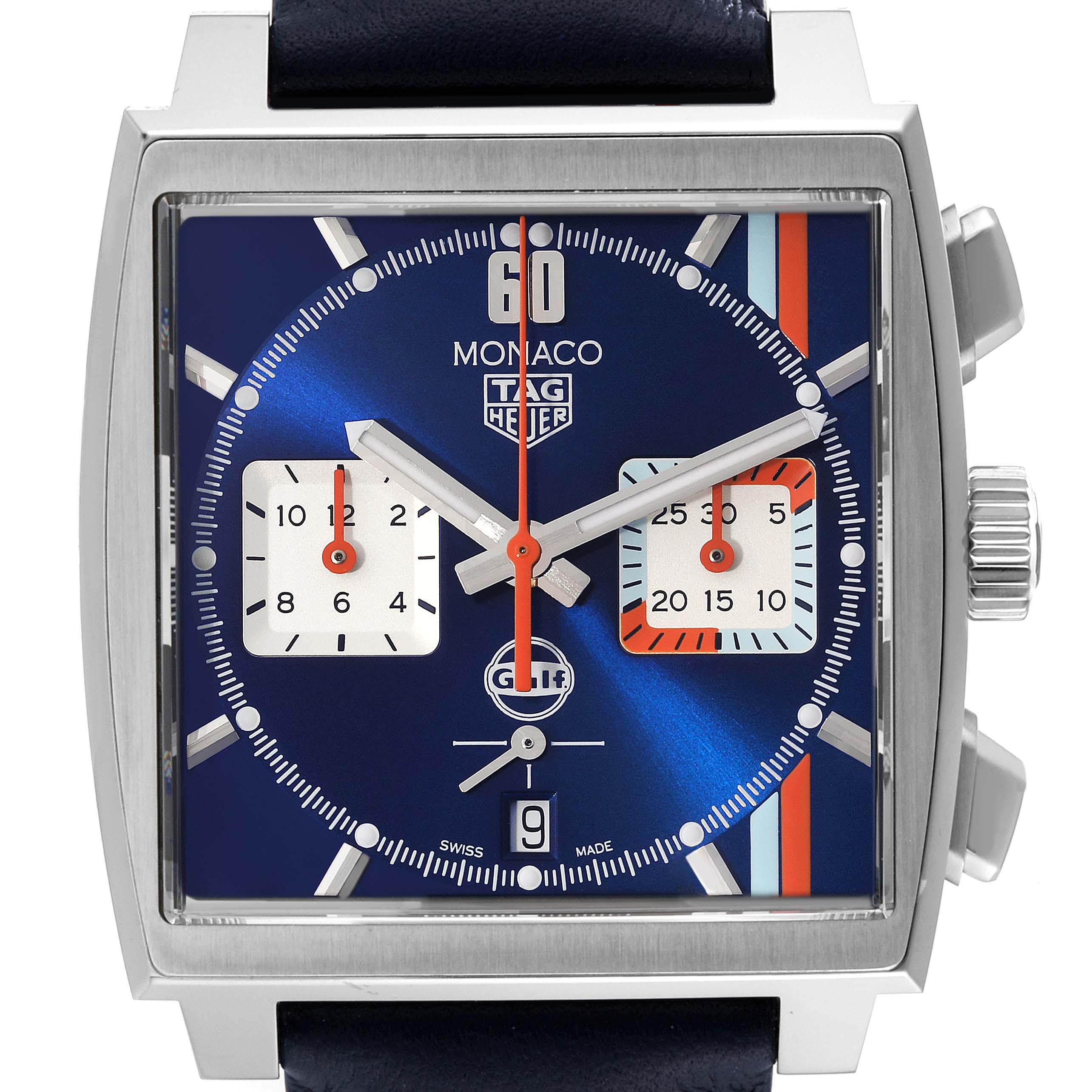 This image shows the front view of the Tag Heuer Monaco CBL2115.FC6494 Men's Stainless Steel Blue Dial CBL2115.FC6494 Men's Stainless Steel Blue Dial watch, highlighting its square dial, hands, subdials, and date display.