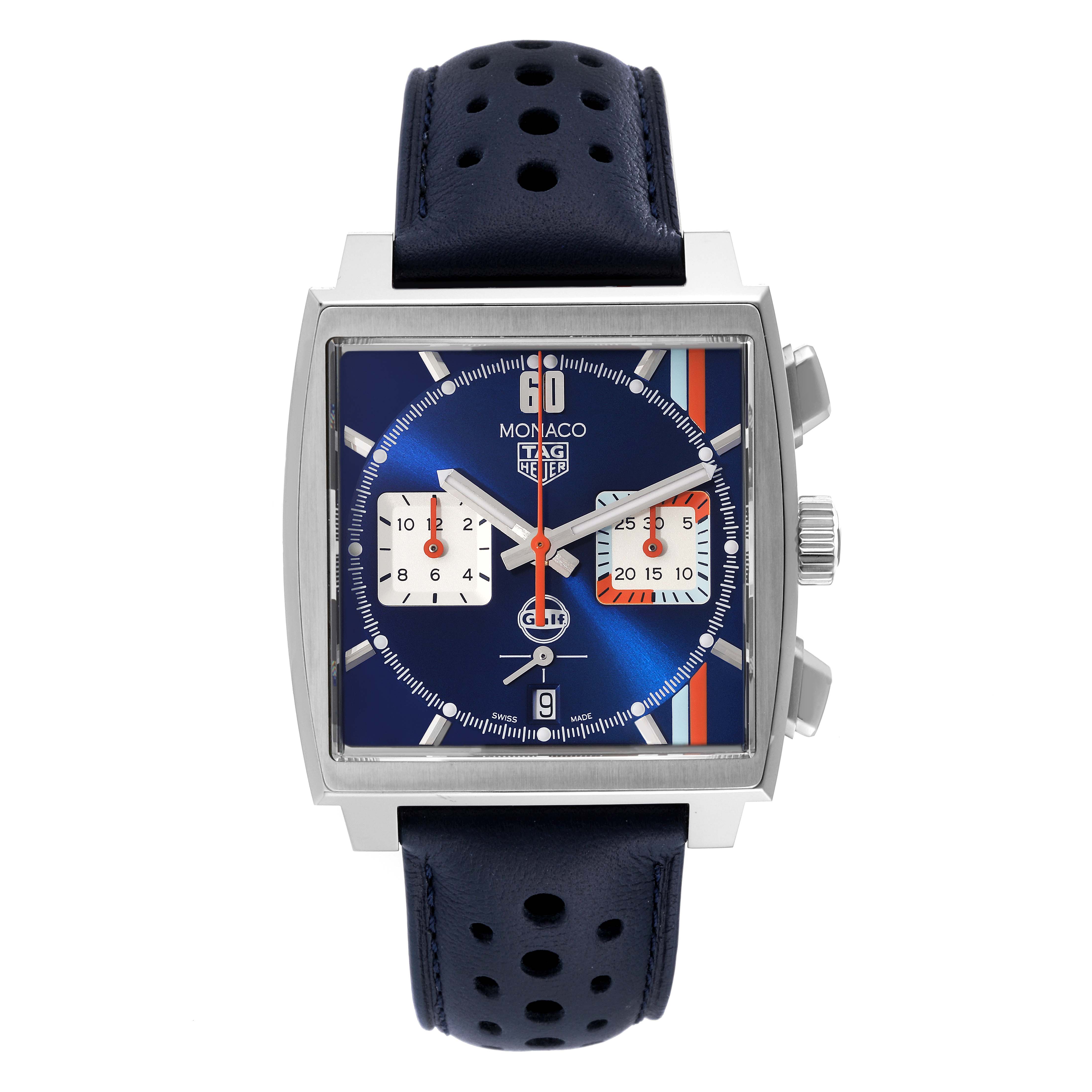 The image shows a frontal view of the Tag Heuer Monaco CBL2115.FC6494 Men's Stainless Steel Blue Dial CBL2115.FC6494 Men's Stainless Steel Blue Dial watch, featuring its square face, chronograph subdials, and perforated leather strap.