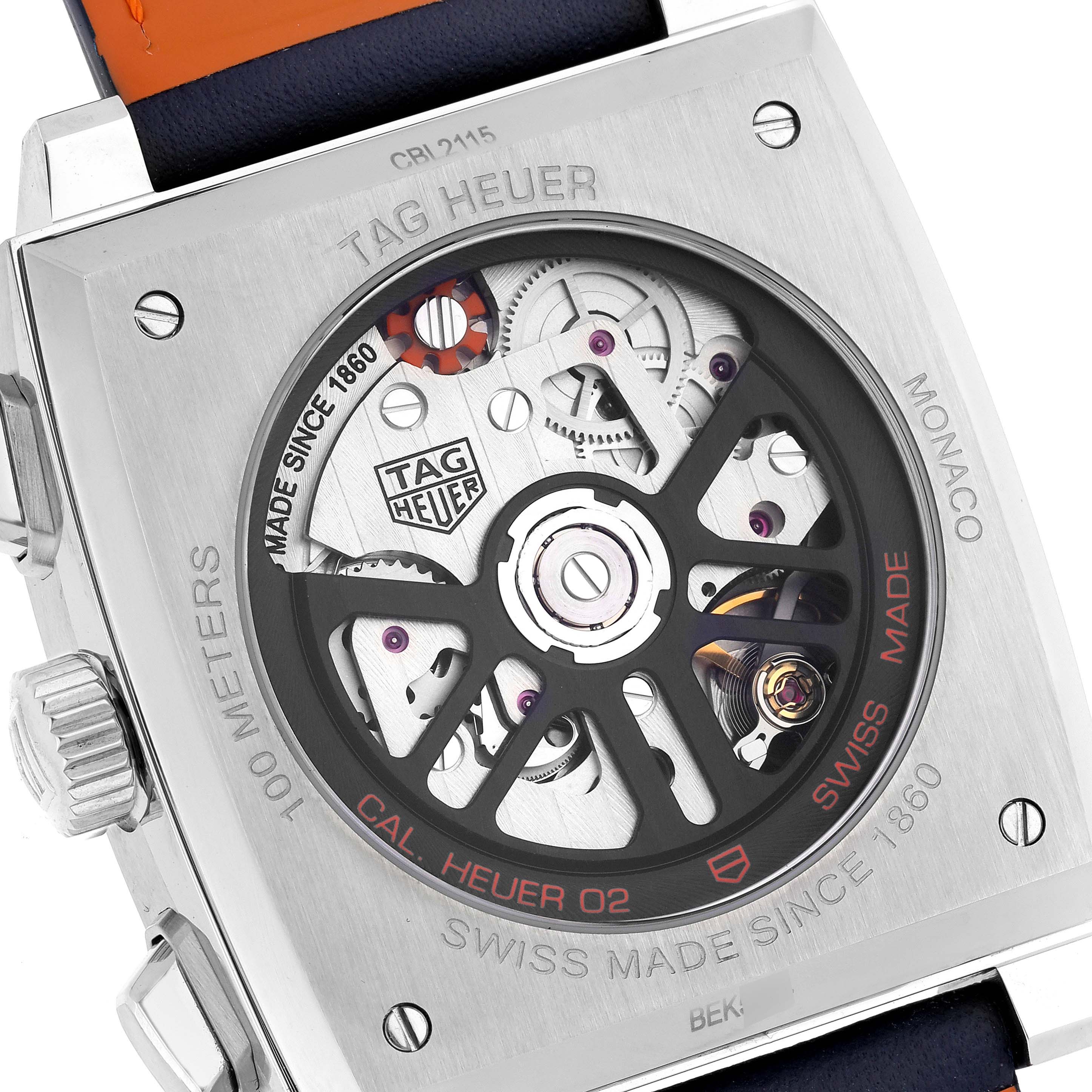 The image shows the back of the Tag Heuer Monaco CBL2115.FC6494 Men's Stainless Steel Blue Dial CBL2115.FC6494 Men's Stainless Steel Blue Dial watch, highlighting the intricate Calibre Heuer 02 movement.