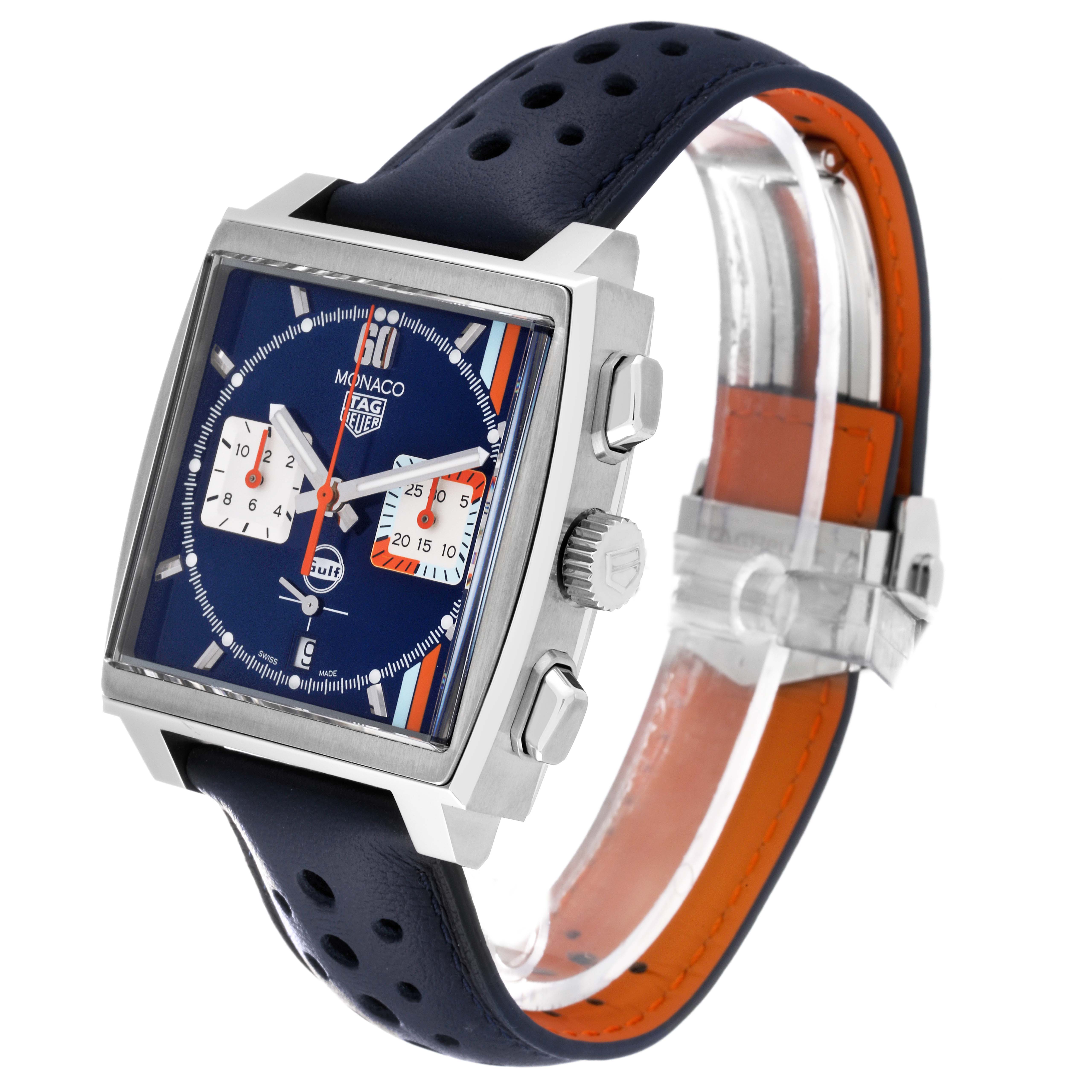 The image shows a side angle of the Tag Heuer Monaco CBL2115.FC6494 Men's Stainless Steel Blue Dial CBL2115.FC6494 Men's Stainless Steel Blue Dial model watch, highlighting the dial, buttons, and perforated strap.