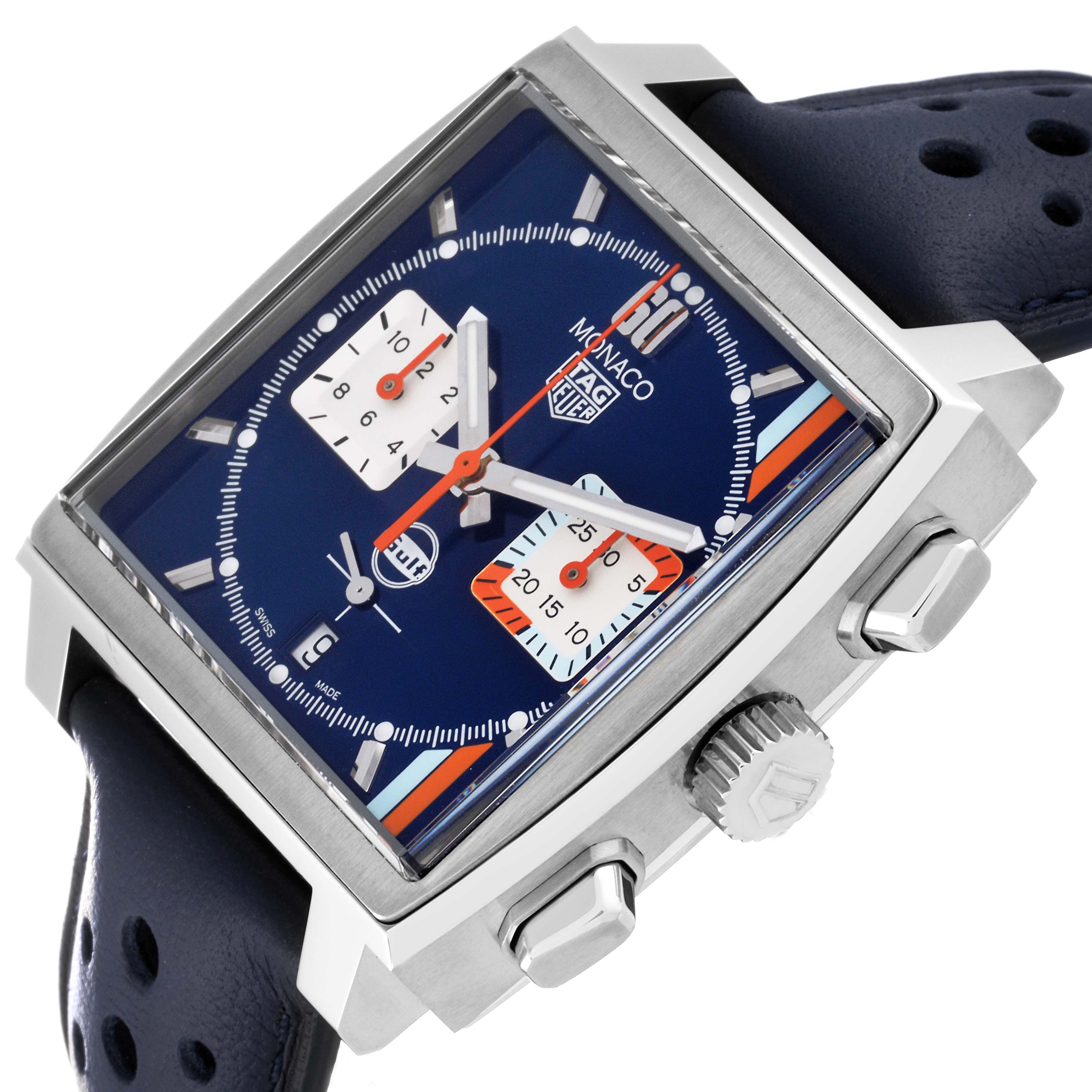 The Tag Heuer Monaco CBL2115.FC6494 Men's Stainless Steel Blue Dial CBL2115.FC6494 Men's Stainless Steel Blue Dial watch is shown at a three-quarters angle, featuring the face, crown, pushers, and part of the strap.