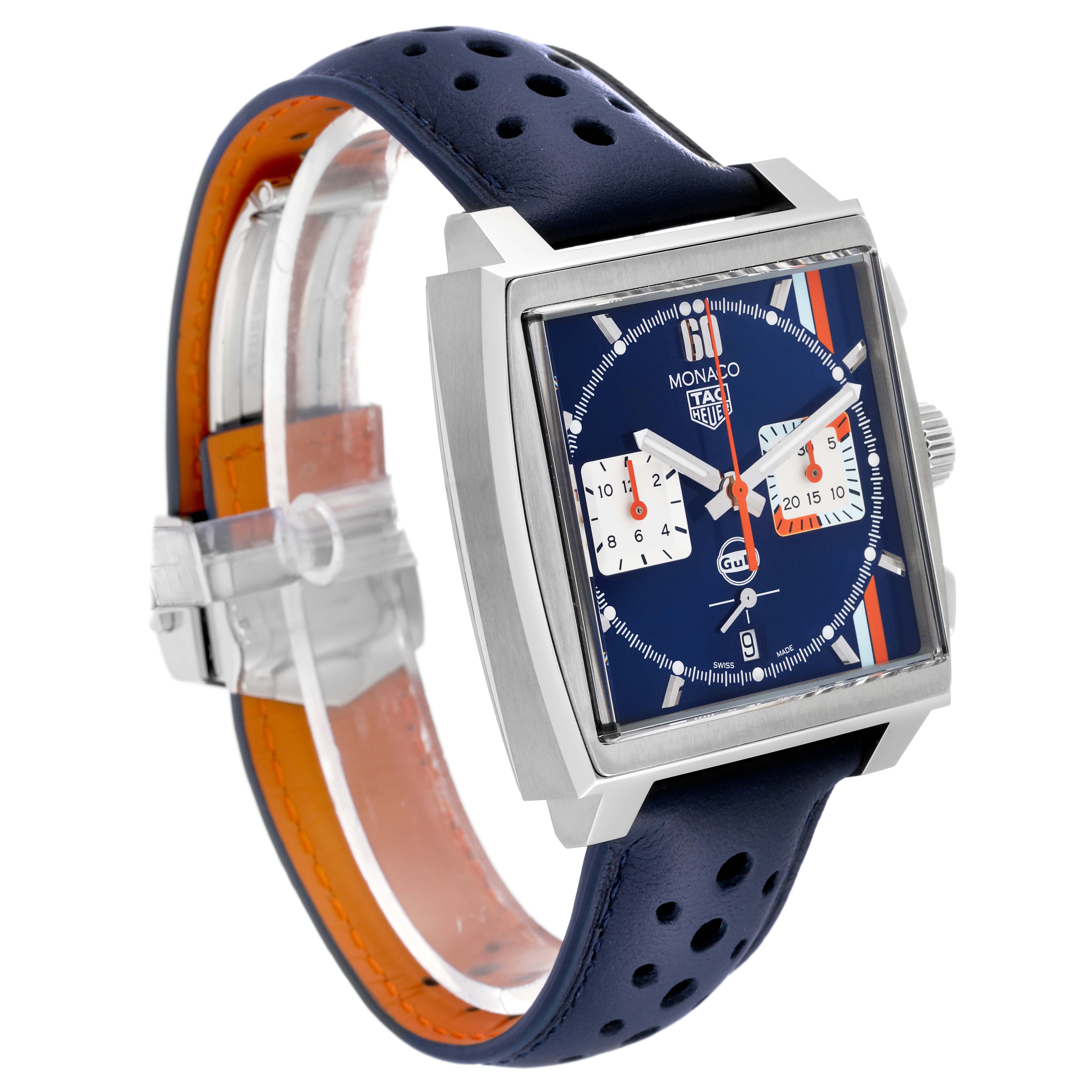 This image shows a side view of the Tag Heuer Monaco CBL2115.FC6494 Men's Stainless Steel Blue Dial CBL2115.FC6494 Men's Stainless Steel Blue Dial model, highlighting the square case, blue dial, and perforated leather strap.