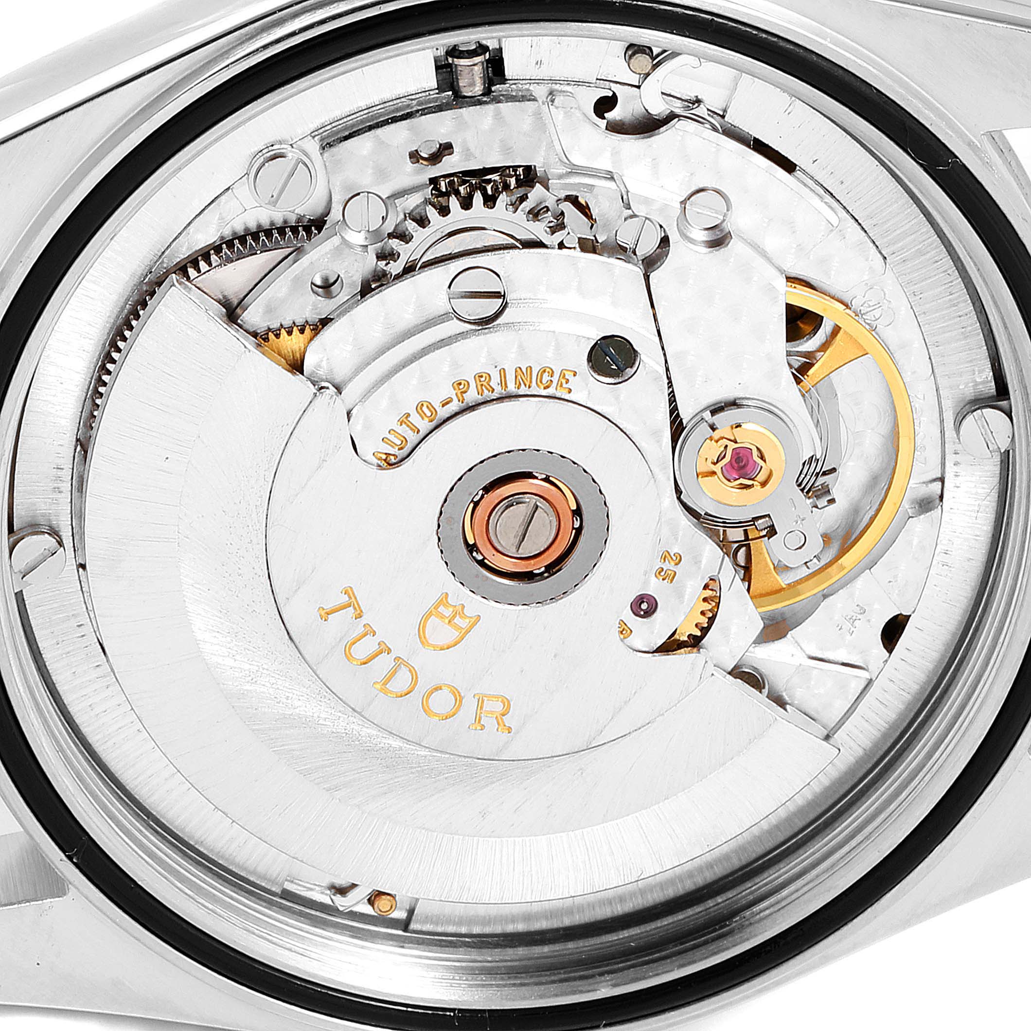 This image shows the movement mechanism of the Tudor Glamour 76200 Men's Stainless Steel Blue Dial 76200 Men's Stainless Steel Blue Dial model watch from a close-up, rear-angle view.