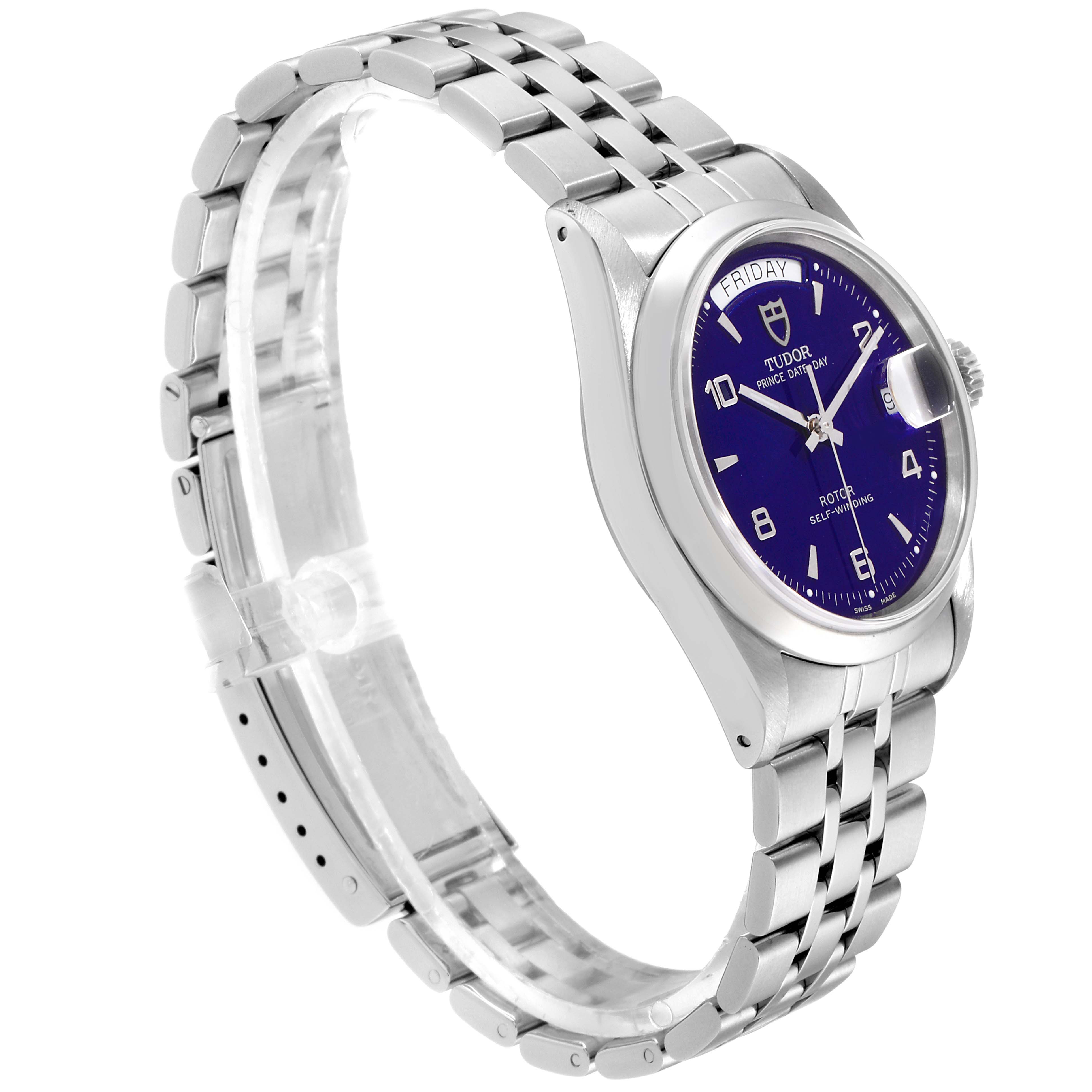 The Tudor Glamour 76200 Men's Stainless Steel Blue Dial 76200 Men's Stainless Steel Blue Dial model watch is shown at an oblique angle, highlighting its blue dial, silver bezel, and metal bracelet.