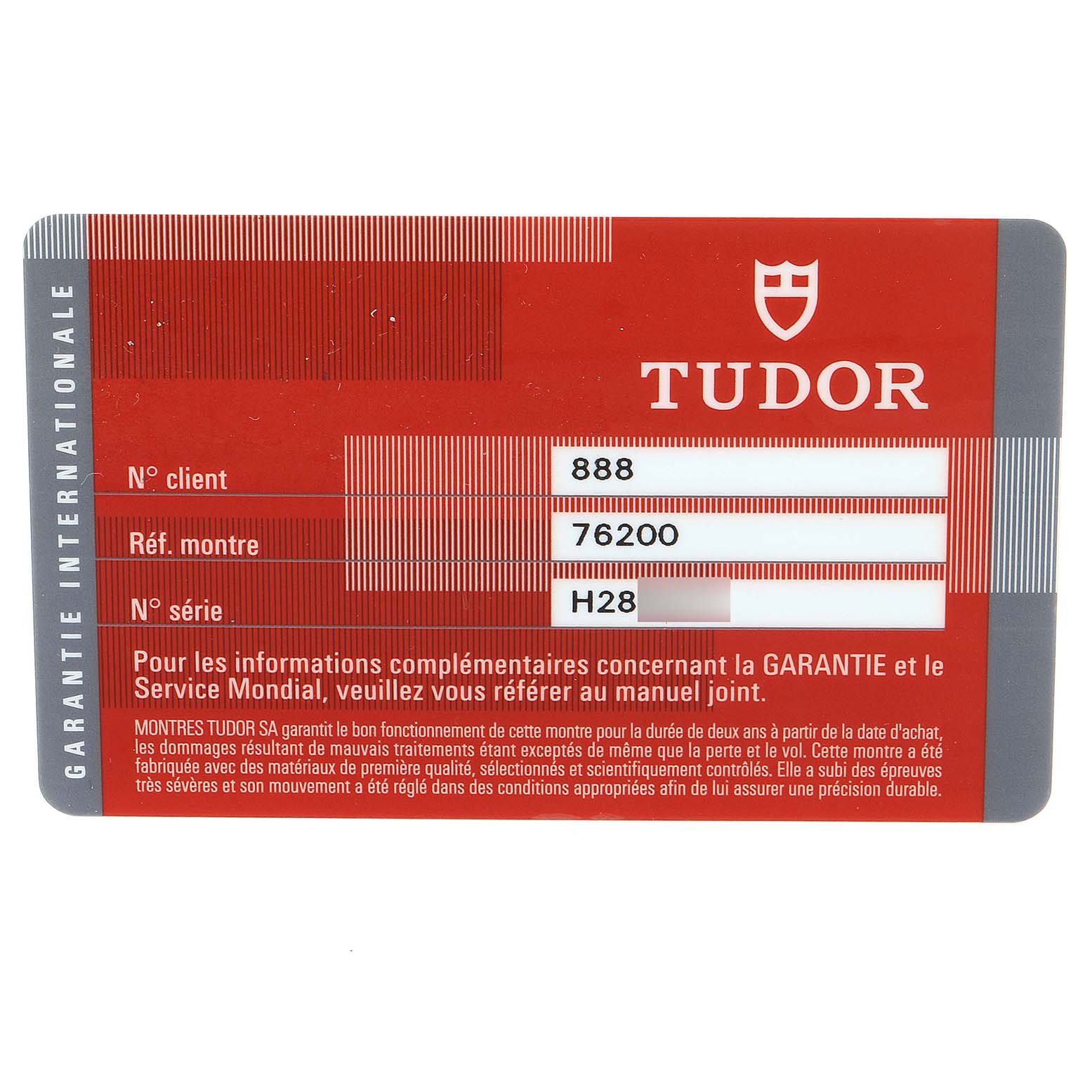 This image shows a warranty card for the Tudor Glamour 76200 Men's Stainless Steel Blue Dial 76200 Men's Stainless Steel Blue Dial watch model.