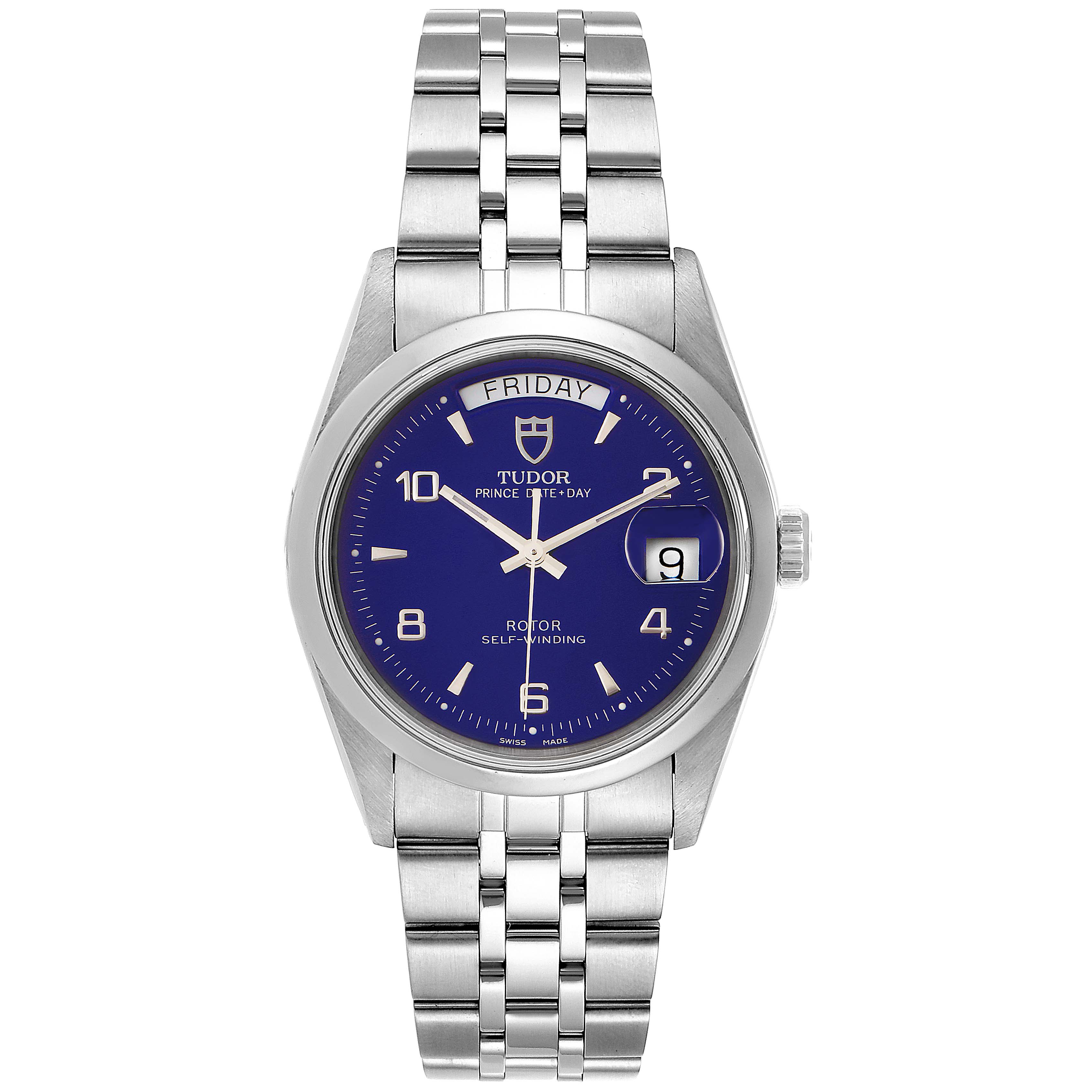 The Tudor Glamour 76200 Men's Stainless Steel Blue Dial 76200 Men's Stainless Steel Blue Dial model watch is shown from a front angle, displaying its face, dial, hands, and bracelet.