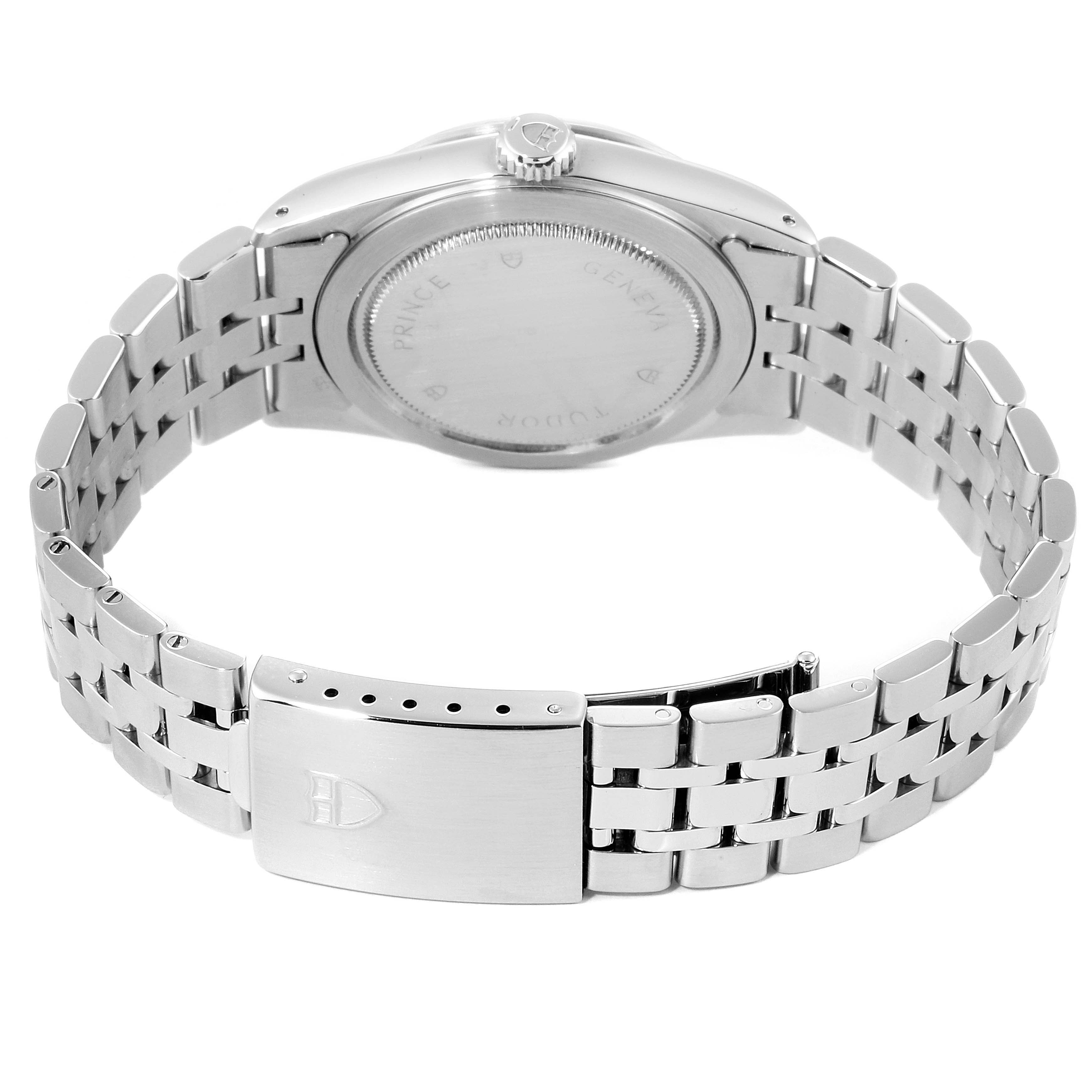 The image shows the back and bracelet of the Tudor Glamour 76200 Men's Stainless Steel Blue Dial 76200 Men's Stainless Steel Blue Dial watch, highlighting the clasp and case back.