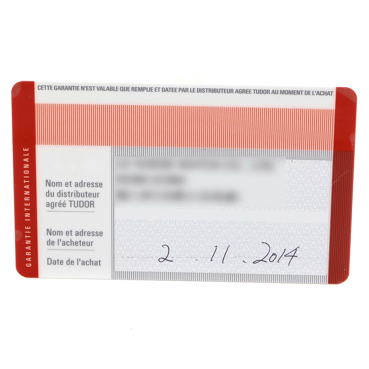 The image shows a warranty card for the Tudor Glamour 76200 Men's Stainless Steel Blue Dial 76200 Men's Stainless Steel Blue Dial model watch.