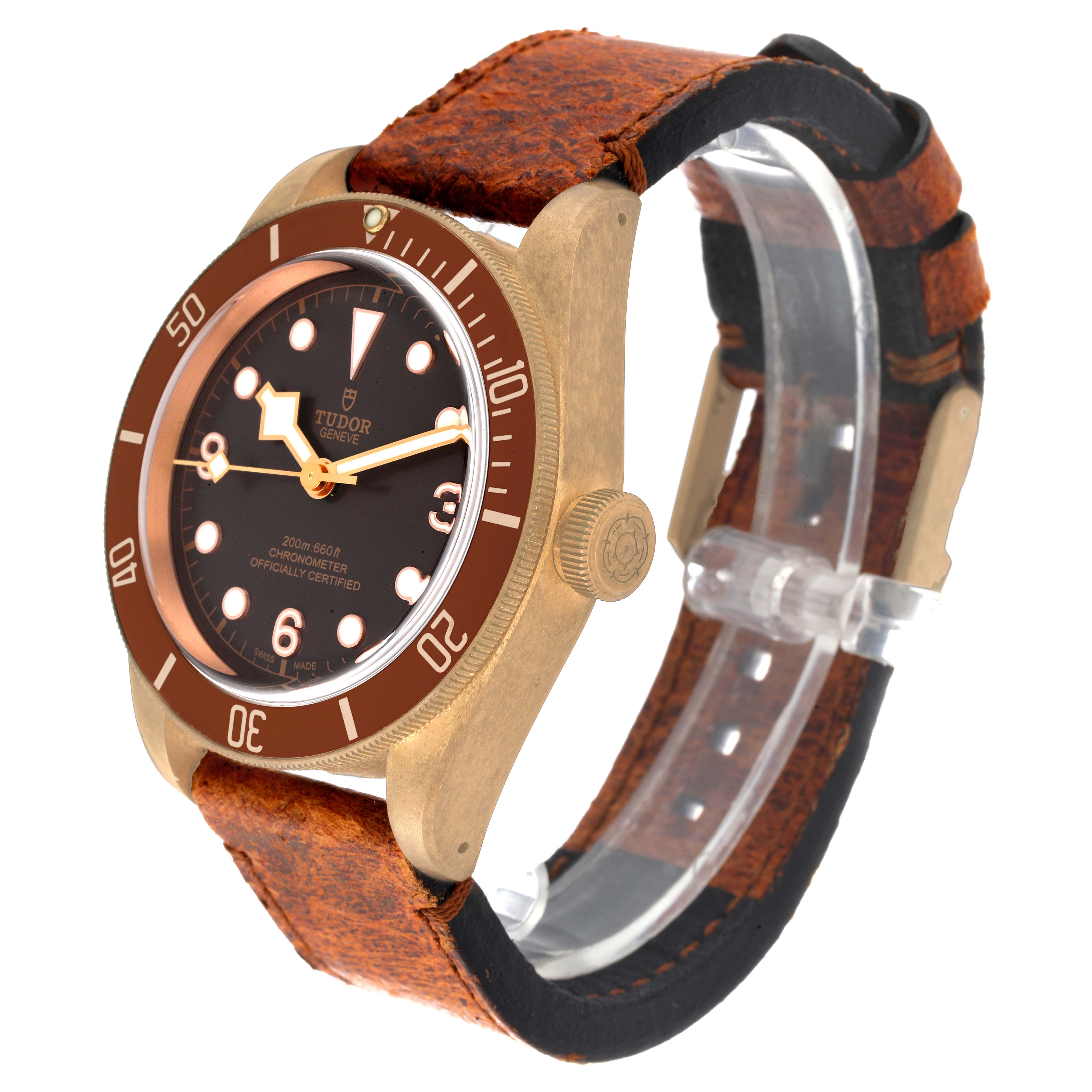 The image shows a Heritage Black Bay Tudor watch, angled to display its face, bezel, crown, and leather strap.