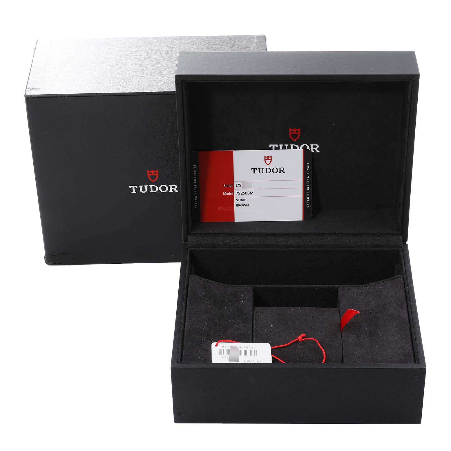 The image shows the box and warranty card for the Tudor Heritage Black Bay 79250B Men's Bronze Brown Dial 79250B Men's Bronze Brown Dial watch model.