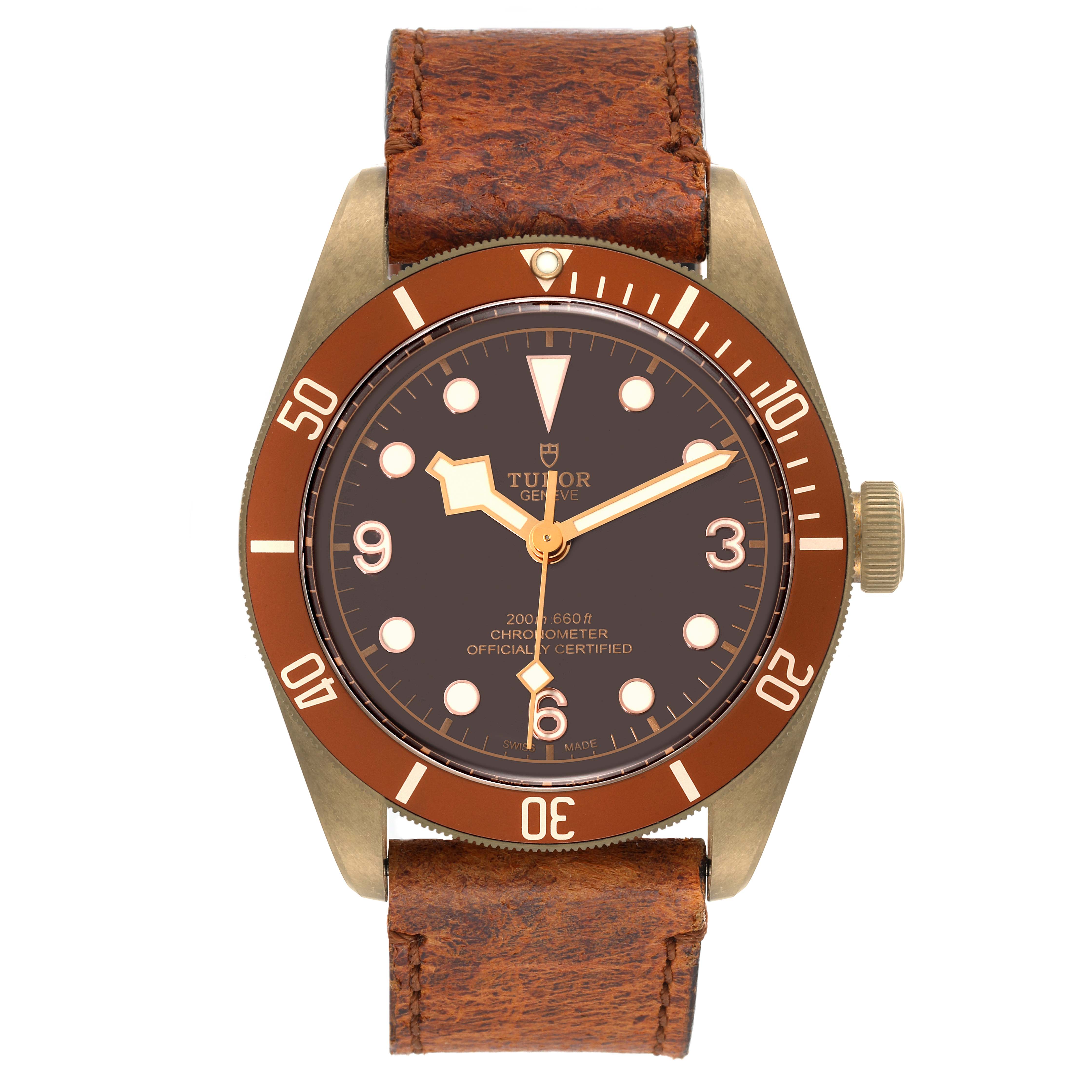 This image shows a front view of the Tudor Heritage Black Bay 79250B Men's Bronze Brown Dial 79250B Men's Bronze Brown Dial watch with a brown bezel and leather strap.