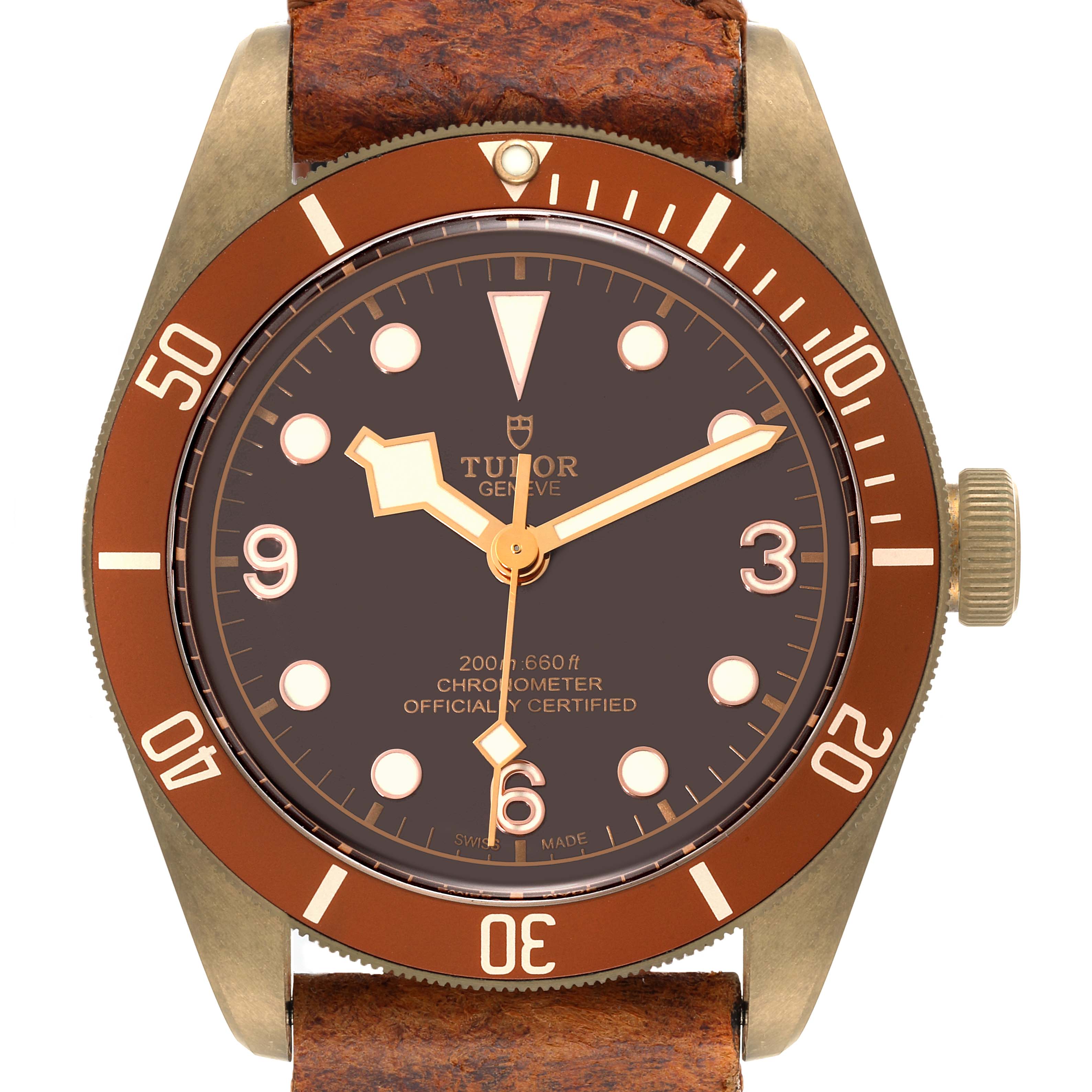 The image shows a front angle of a Tudor Heritage Black Bay 79250B Men's Bronze Brown Dial 79250B Men's Bronze Brown Dial watch with a brown bezel, dial, and leather strap.