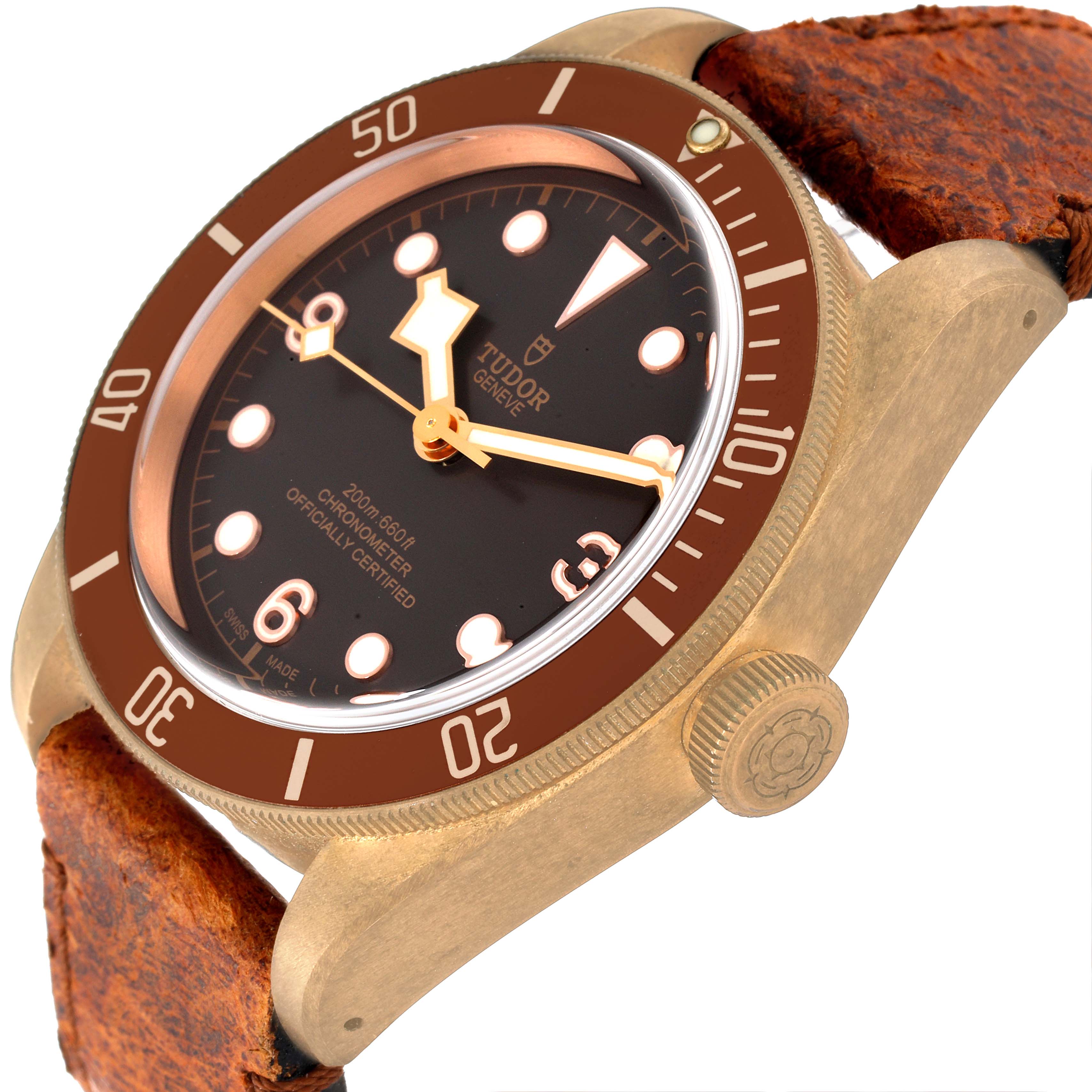 The Tudor Heritage Black Bay 79250B Men's Bronze Brown Dial 79250B Men's Bronze Brown Dial watch is shown at an oblique angle, highlighting its bezel, dial, and crown.
