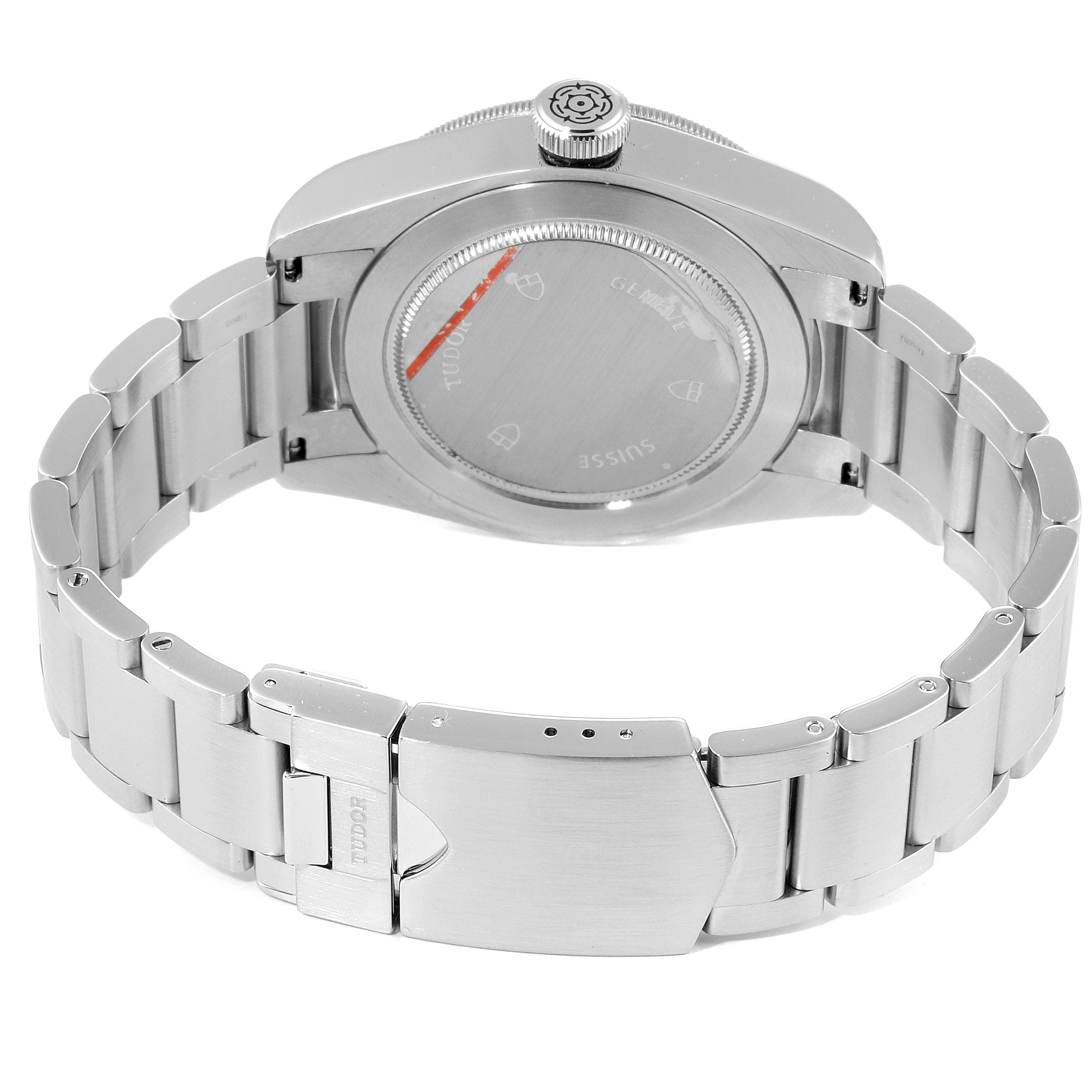 This image shows the back case and stainless steel bracelet of the Tudor Heritage Black Bay 79220R Men's Stainless Steel Black Dial 79220R Men's Stainless Steel Black Dial watch.