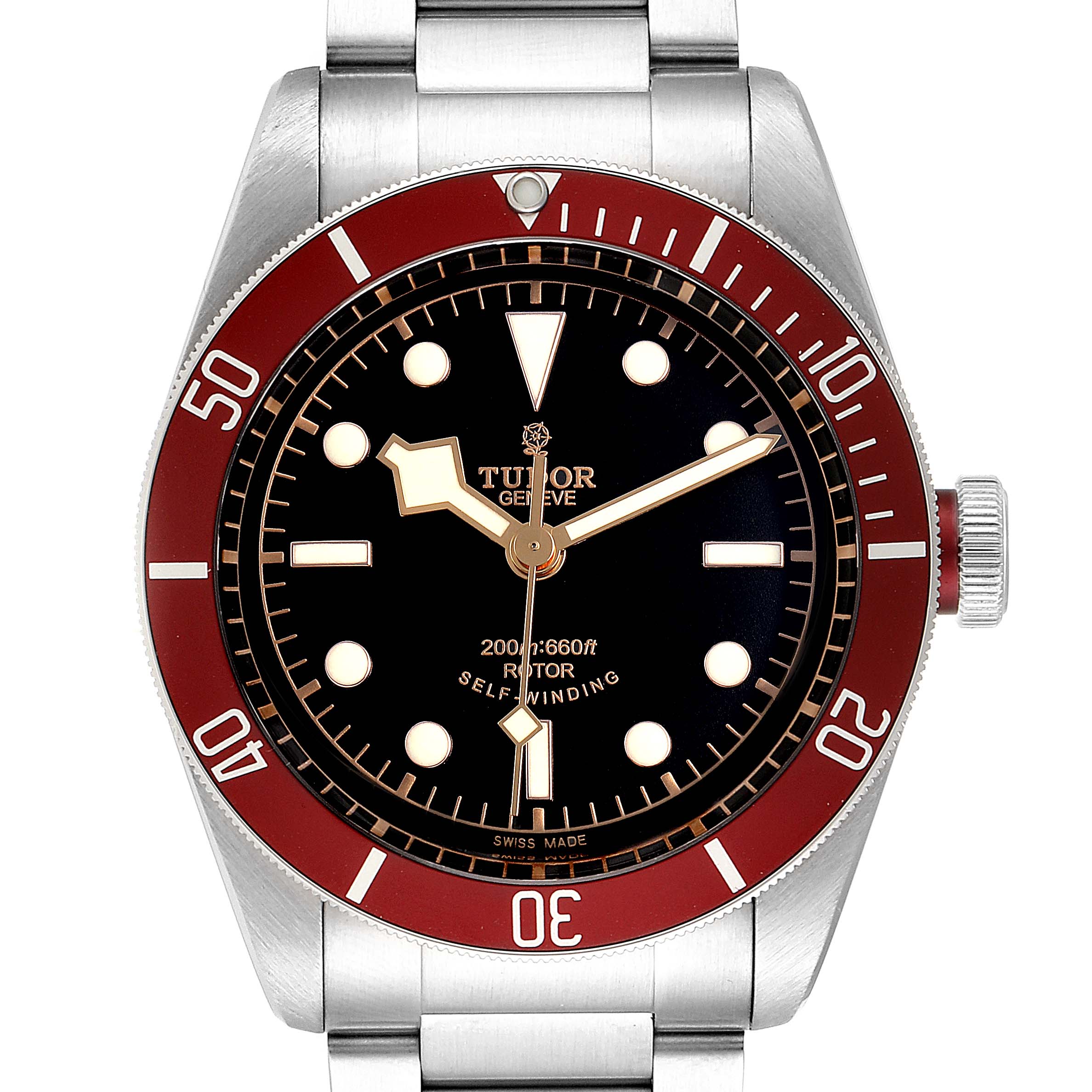 The image shows a front view of the Tudor Heritage Black Bay 79220R Men's Stainless Steel Black Dial 79220R Men's Stainless Steel Black Dial watch, featuring its dial, bezel, and part of the bracelet.