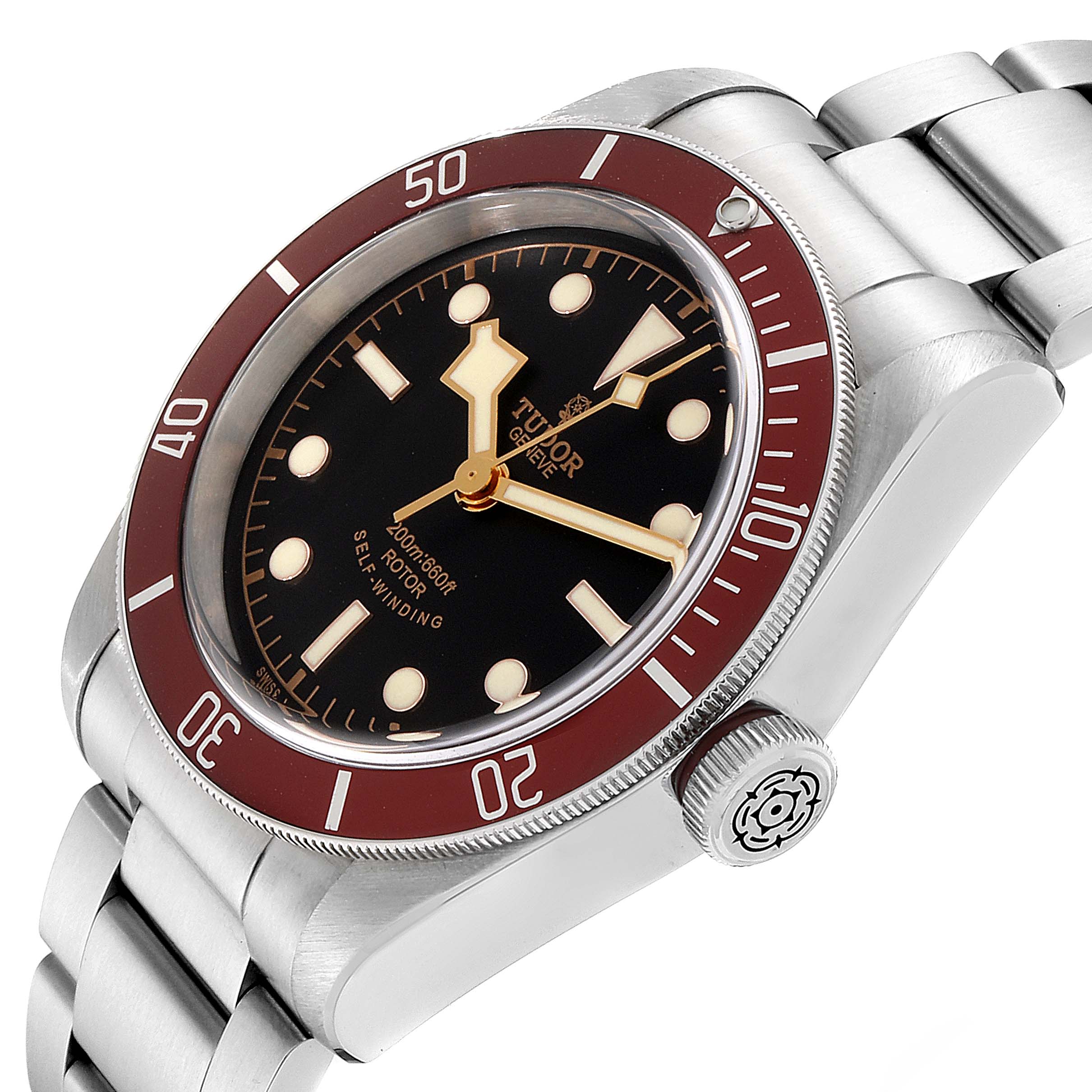 The Tudor Heritage Black Bay 79220R Men's Stainless Steel Black Dial 79220R Men's Stainless Steel Black Dial watch is shown at a slight side angle, displaying the face, bezel, crown, and part of the bracelet.